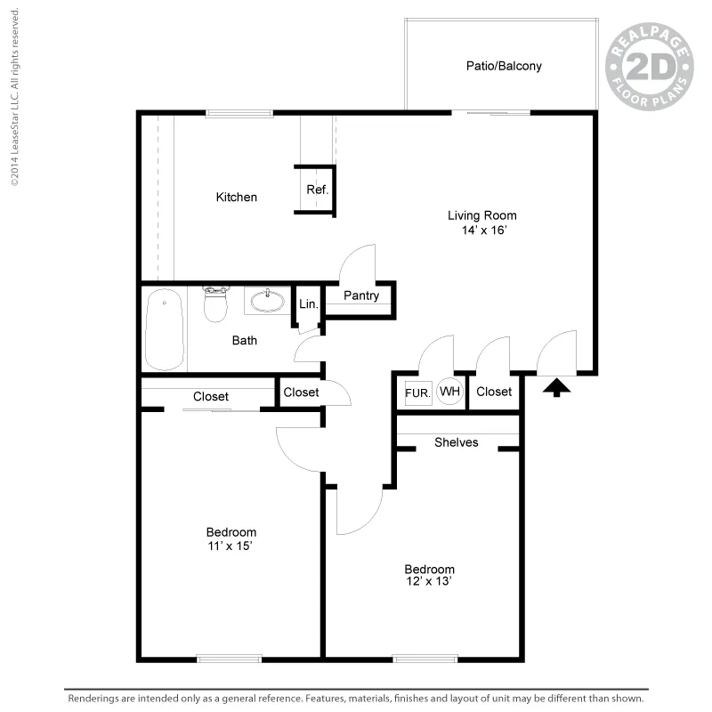 Modern 2D floor plan showcasing 2 spacious bedrooms, a stylish living room, a functional kitchen, and a cozy patio/balcony area.