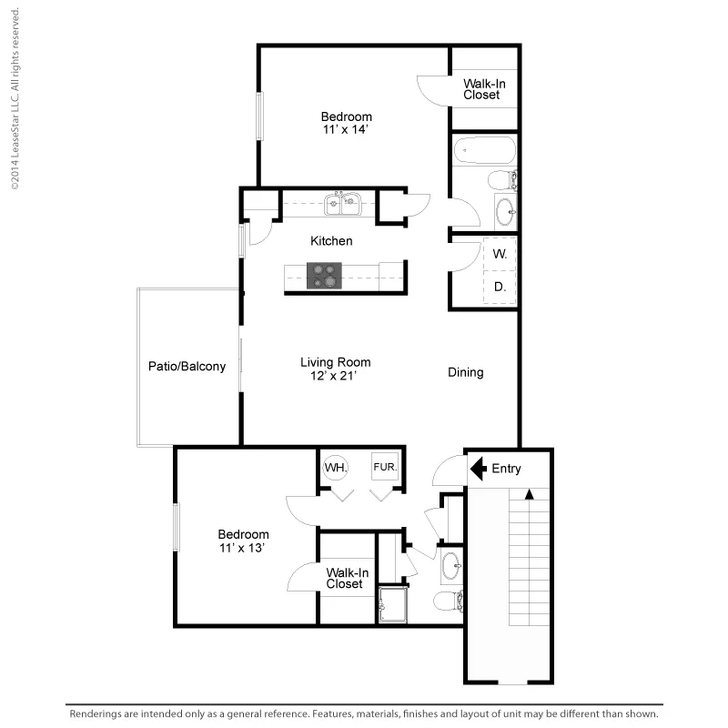 Modern floor plan showcasing 2 spacious bedrooms, a stylish kitchen, open living room, dining area, and a cozy patio/balcony.