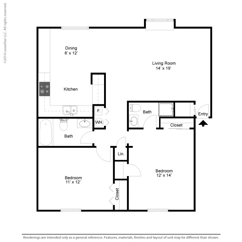 Inviting floor plan showcasing 2 spacious bedrooms, an open-concept living room, modern kitchen, and two sleek bathrooms.