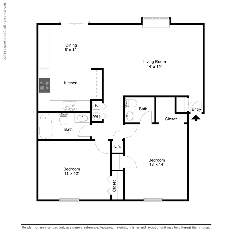 Charming floor plan showcasing 2 spacious bedrooms, modern kitchen with dining area, and an expansive living room.