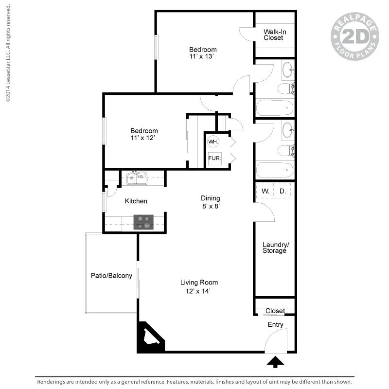 Modern 2D floor plan showcasing 2 bedrooms with generous storage, a stylish kitchen adjacent to dining, and a spacious living room opening to a patio/balcony.