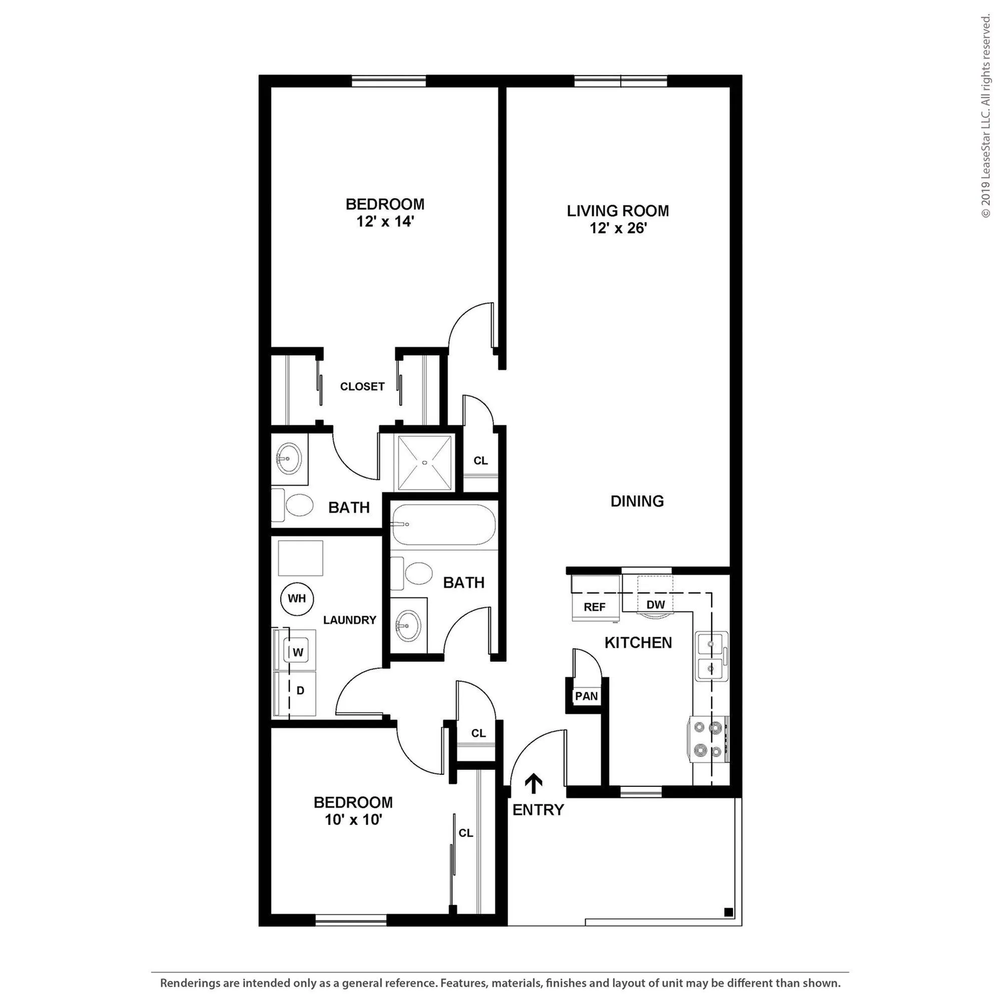 Chic floor plan displaying 2 spacious bedrooms, 2 modern bathrooms, an inviting living room, and a well-appointed kitchen with dining area.