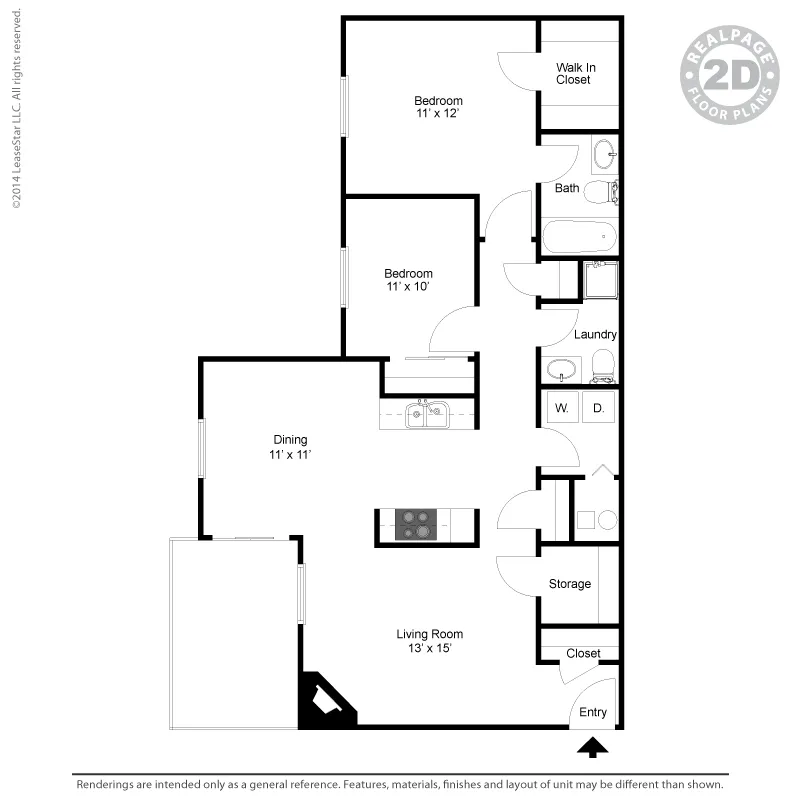 Inviting 2D floor plan featuring two cozy bedrooms, a spacious living room, open dining area, and convenient laundry space with a walk-in closet.