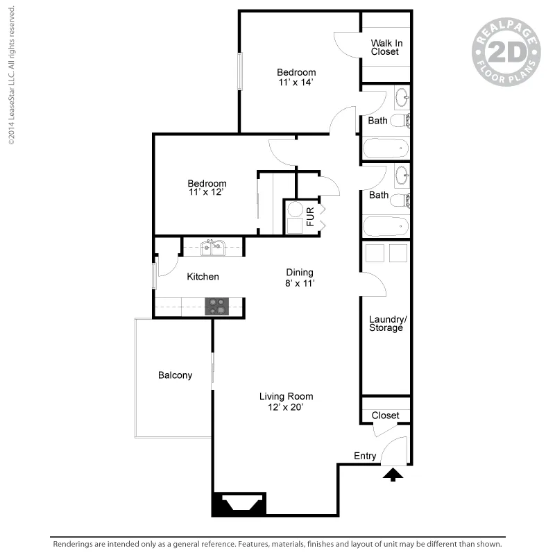 Spacious 2D floor plan featuring 2 bedrooms, open living room, modern kitchen, and dual bath layout with balcony access.