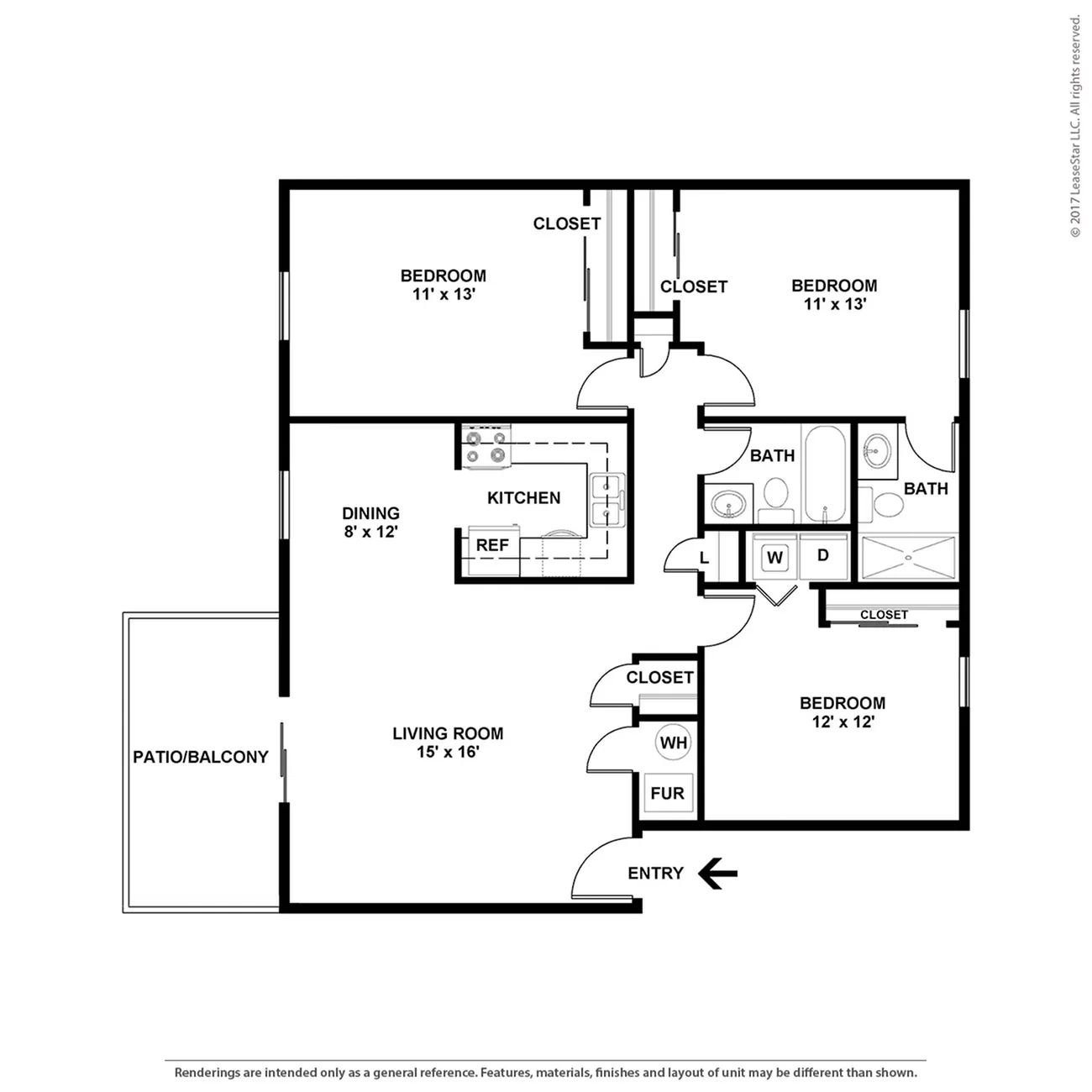 Modern apartment floor plan showcasing 3 spacious bedrooms, open dining and living area, and a cozy kitchen. Includes patio/balcony space for outdoor relaxation.