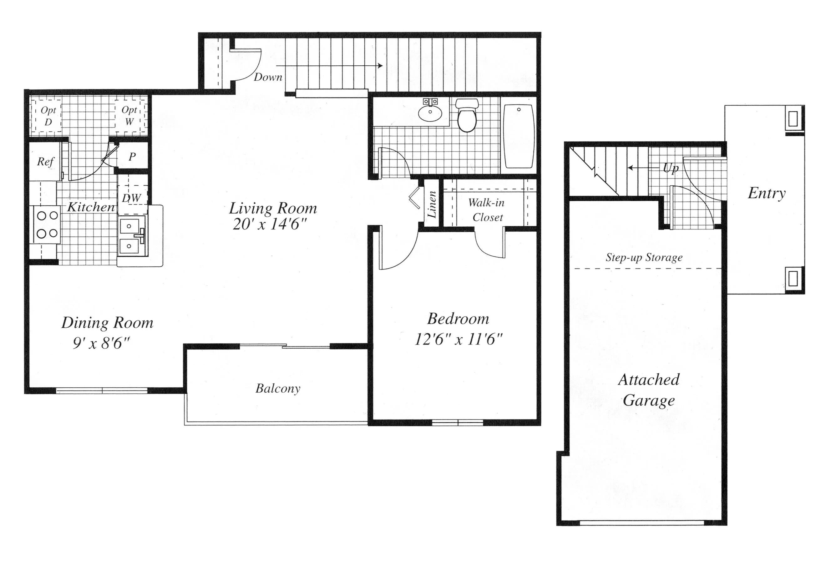 Modern floor plan showcasing a spacious living room, open kitchen, cozy dining area, large bedroom with walk-in closet, balcony, and attached garage.