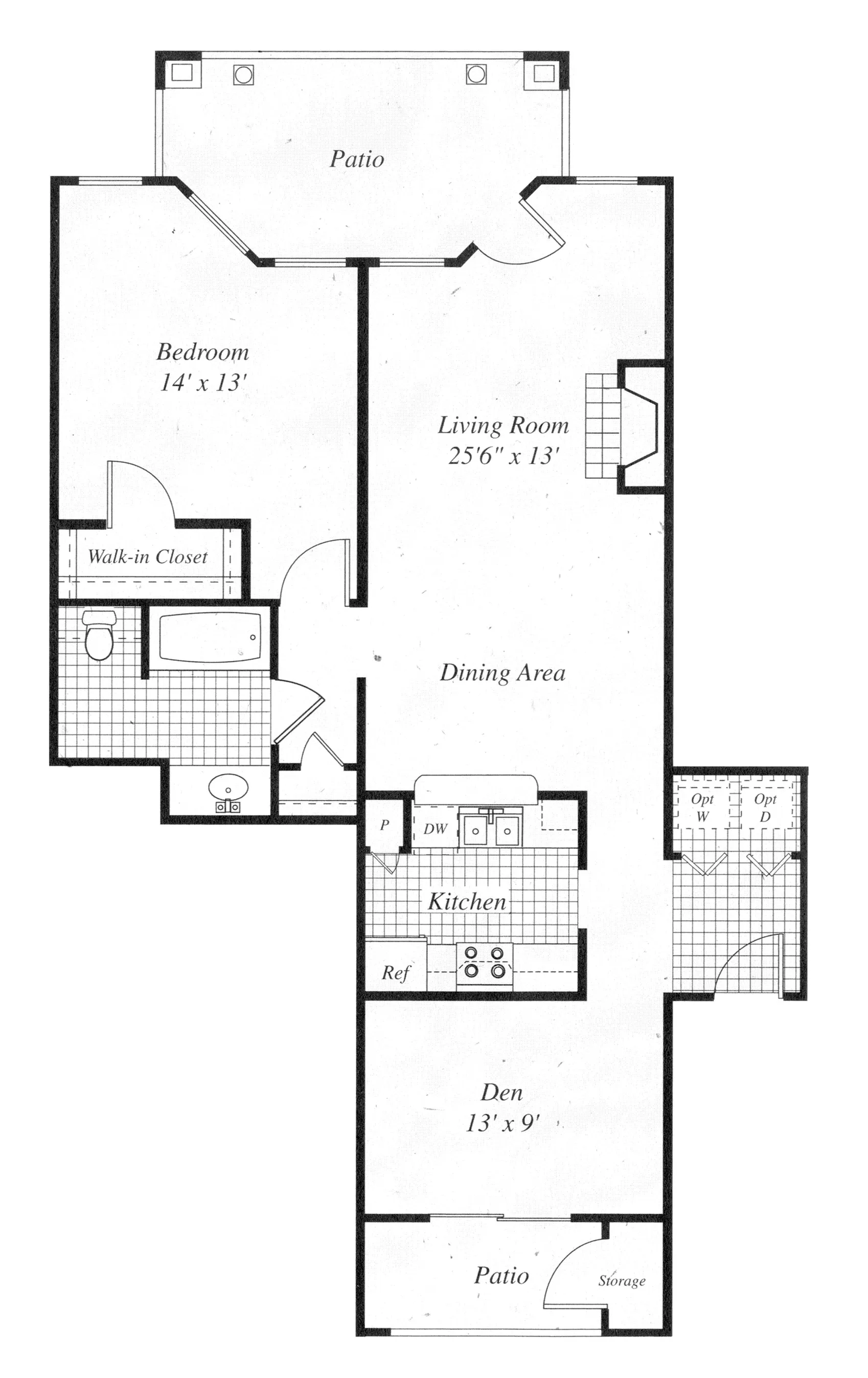 Elegant floor plan illustrating a spacious area with a large living room, cozy bedroom, and inviting den. Features include two patios and a walk-in closet, perfect for modern living.