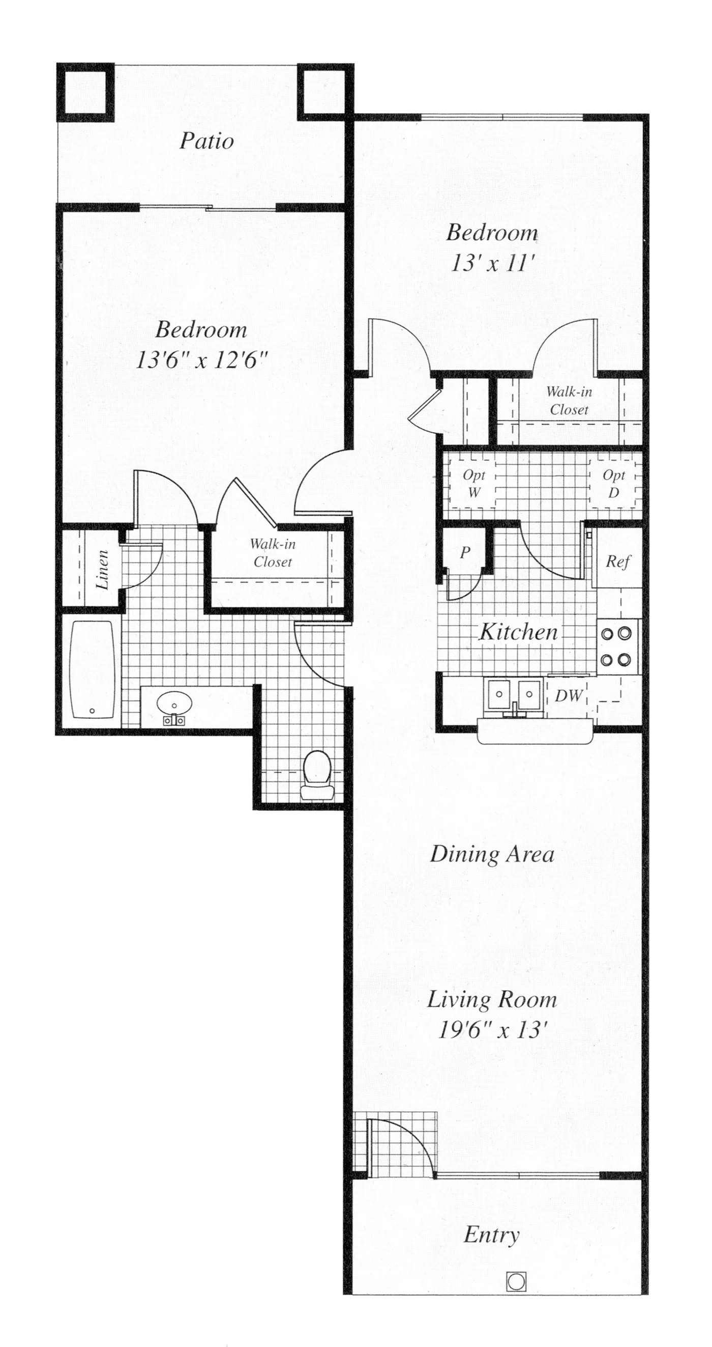 Inviting floor plan showcasing 2 spacious bedrooms, open dining area, and a modern kitchen leading to a cozy patio.