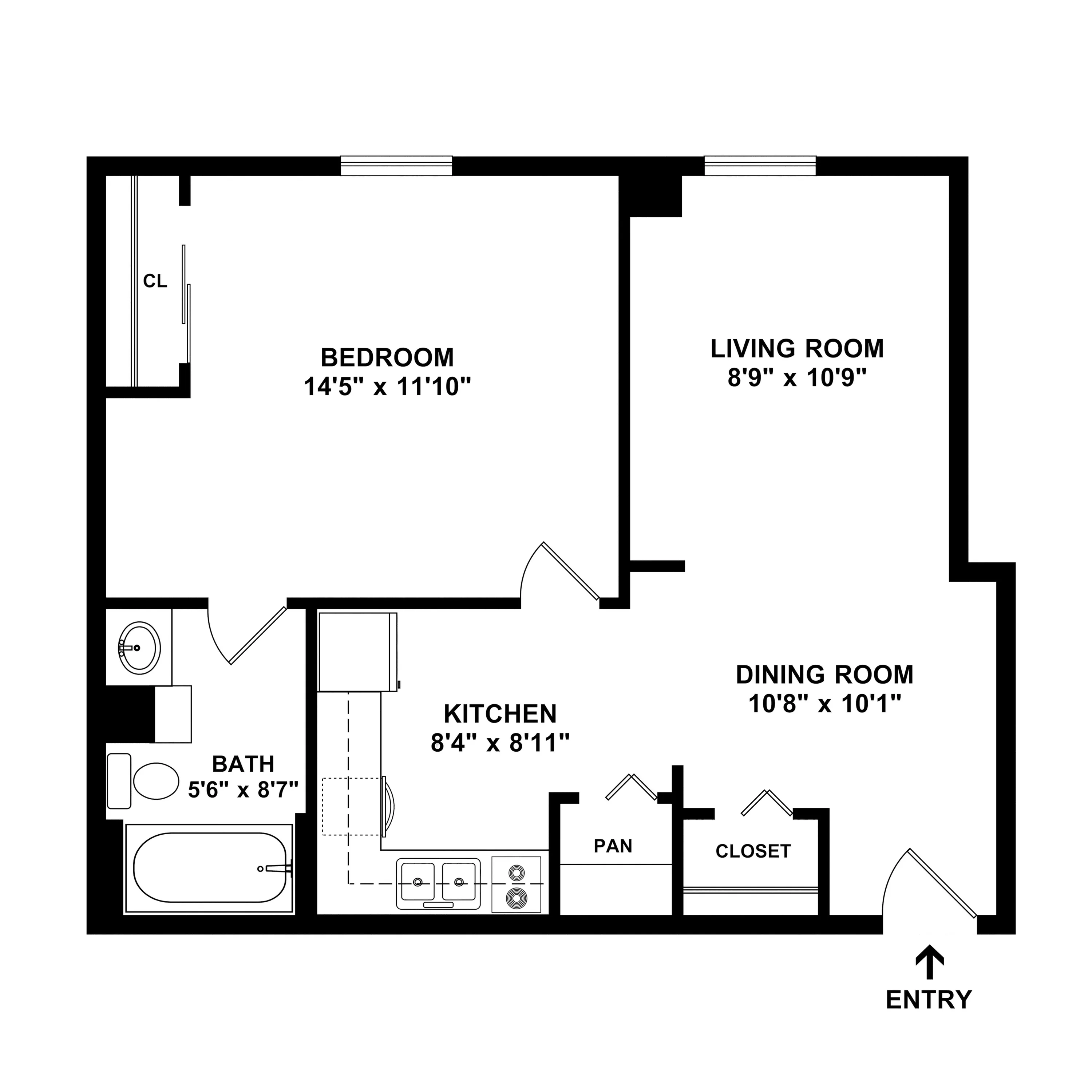 Inviting floor plan showcasing a spacious bedroom, cozy living room, functional kitchen, and a well-sized dining area.