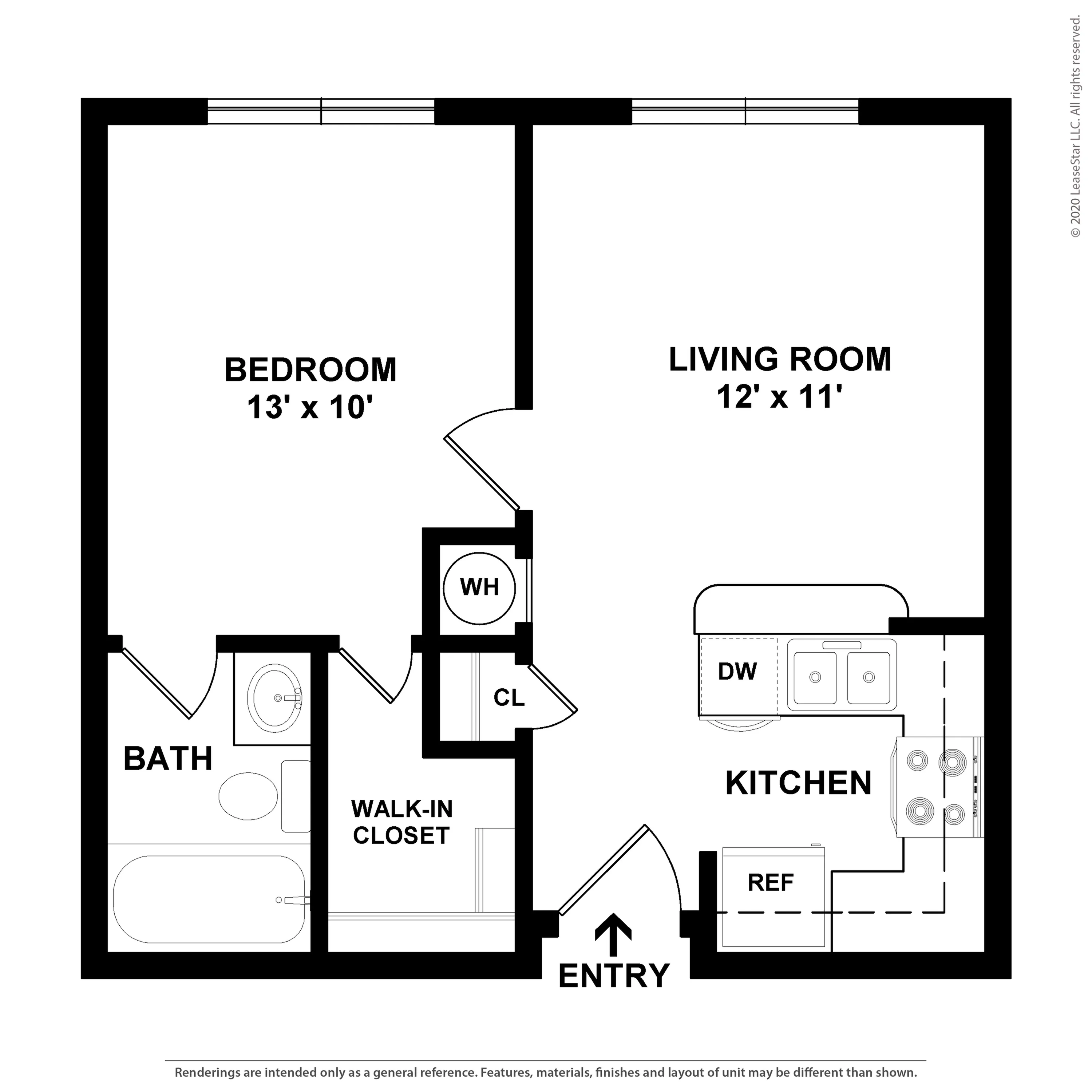 Contemporary floor plan showcasing a spacious 1-bedroom apartment with walk-in closet, open kitchen, and cozy living room.