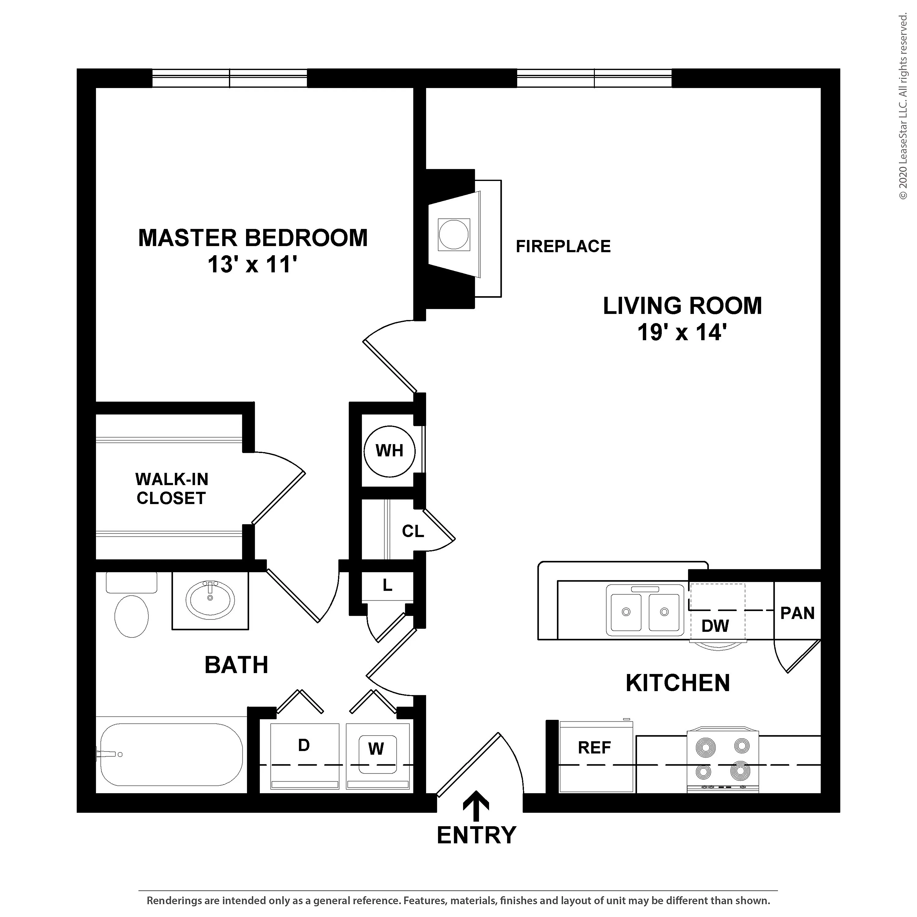 Elegant floor plan displaying a spacious master bedroom with walk-in closet, expansive living room with fireplace, and modern kitchen.