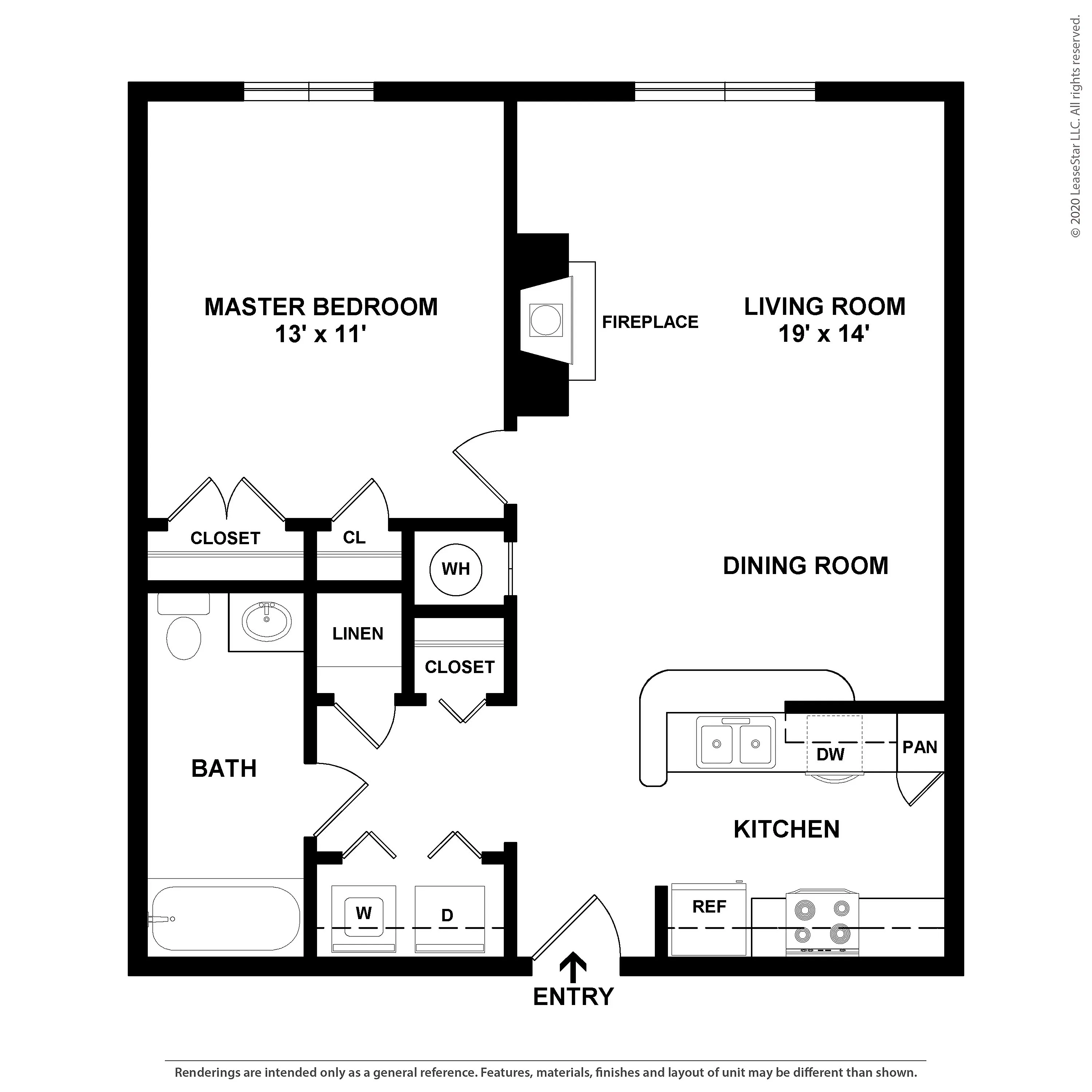 Elegant floor plan showcasing a master bedroom, spacious living room with fireplace, and modern kitchen with dining area.