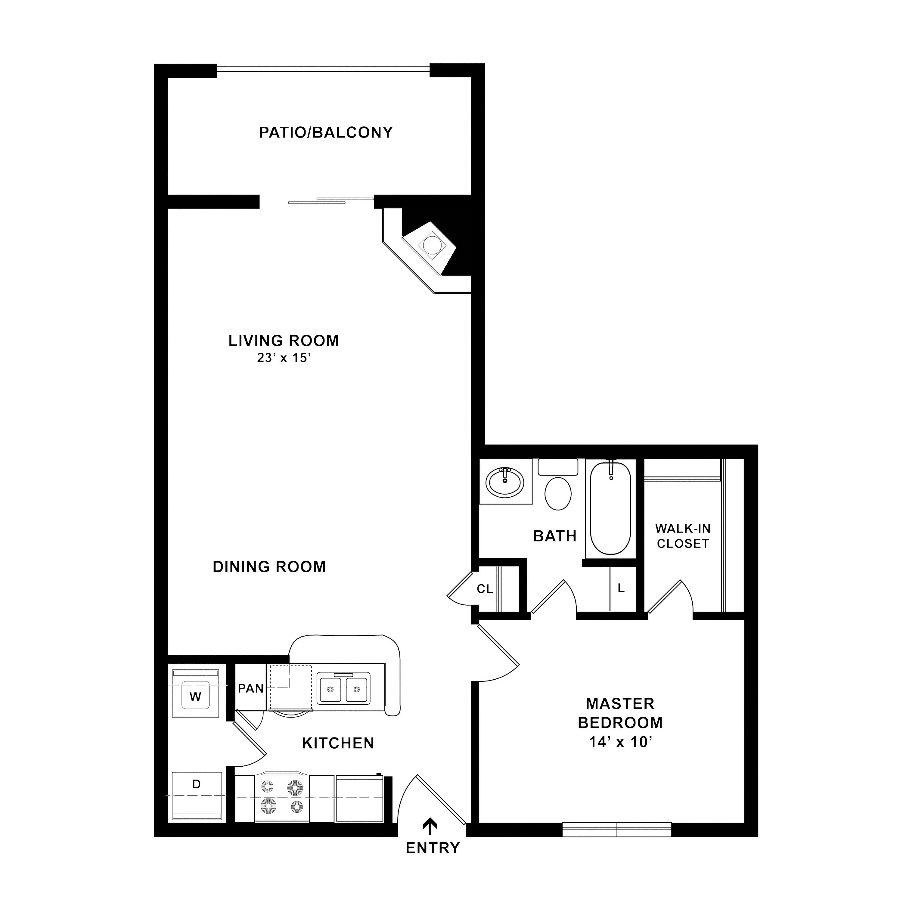 Elegant floor plan featuring a spacious living room with patio access, modern kitchen, and luxurious master bedroom with walk-in closet.