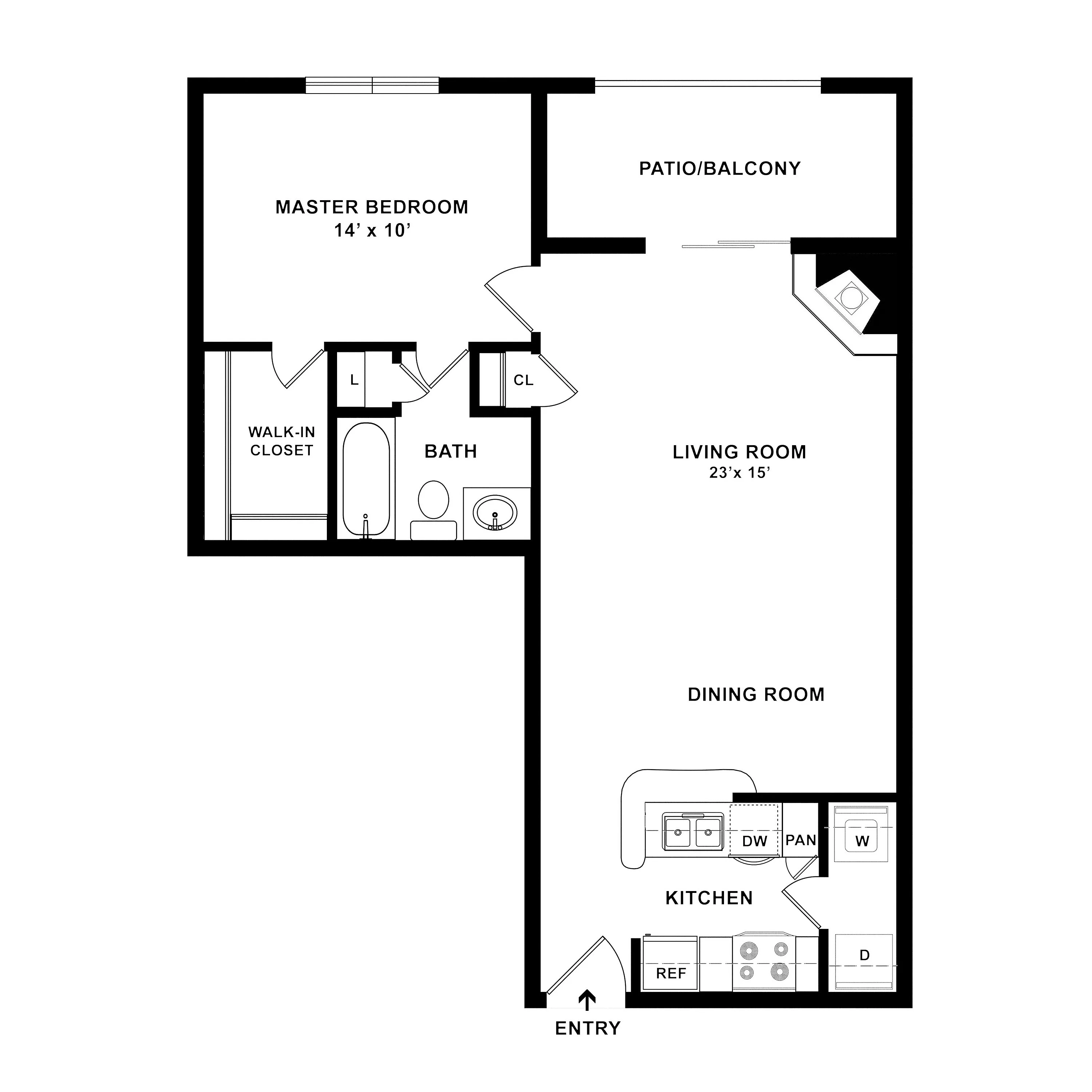 Modern floor plan featuring a spacious master bedroom with walk-in closet, large living room opening to a patio, and a sleek kitchen with dining area.