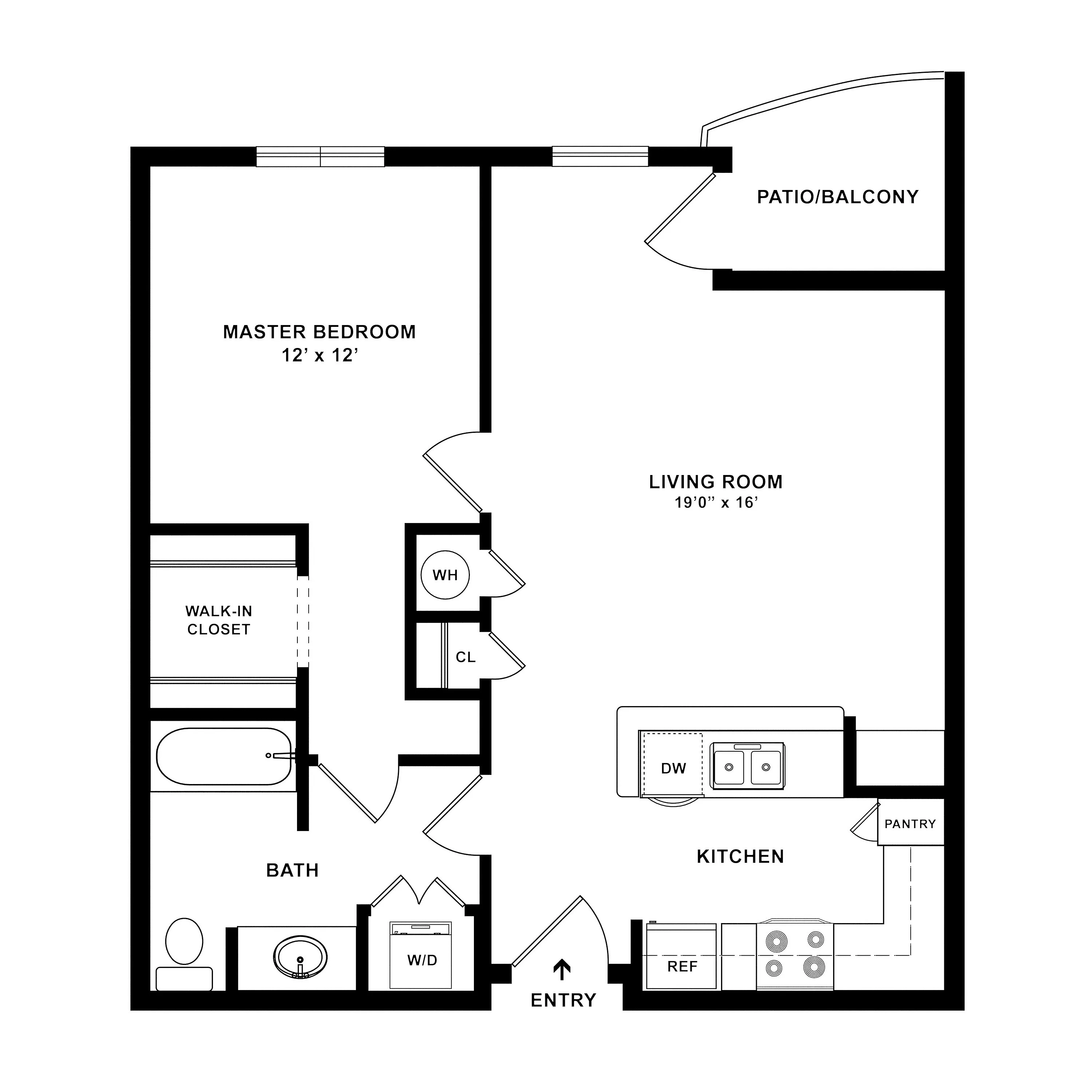 Modern floor plan featuring a spacious master bedroom with walk-in closet, open-concept living room, and kitchen with patio access.