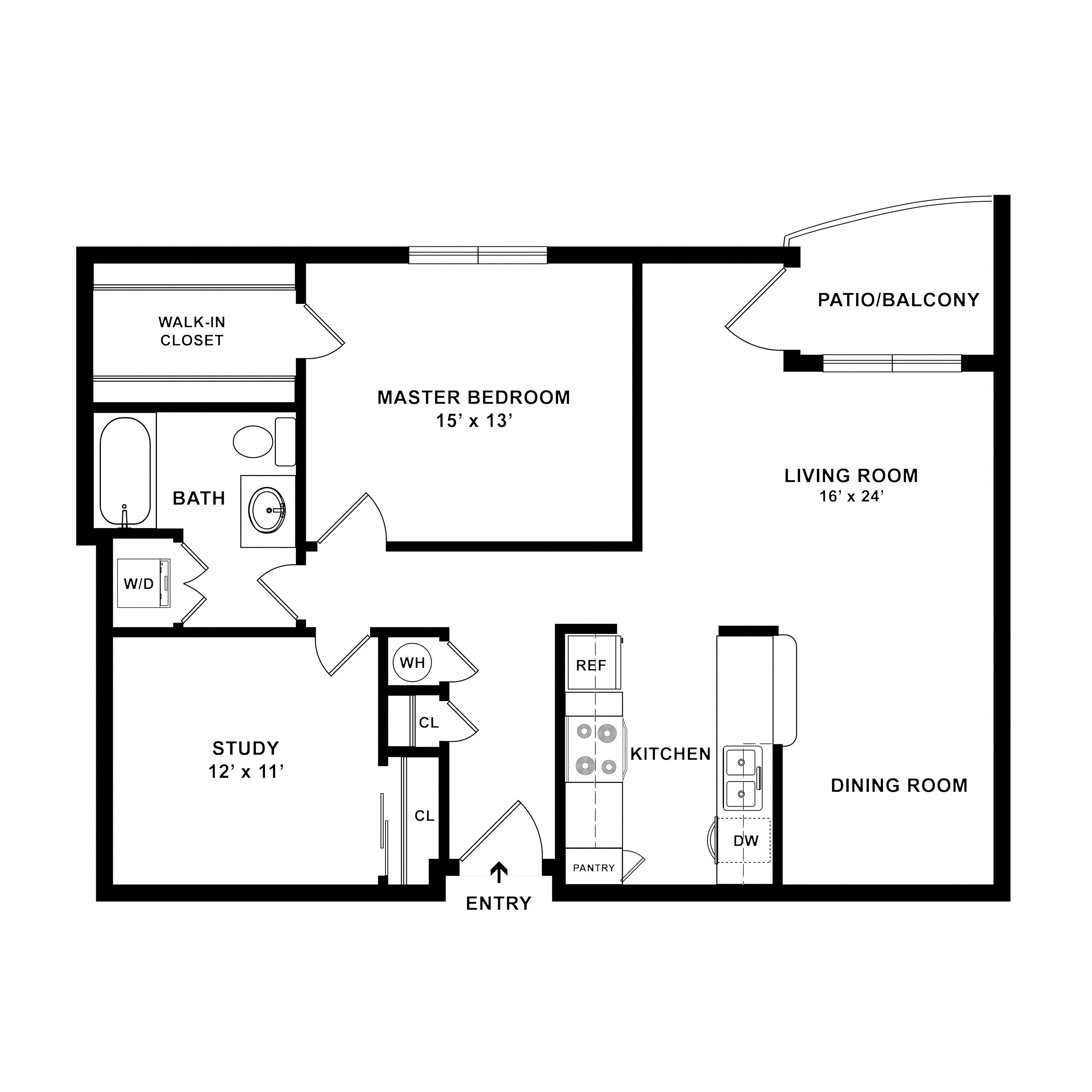 Elegant floor plan featuring a spacious master bedroom with walk-in closet, study room, and open-concept living and dining area. Includes a modern kitchen and a patio balcony.