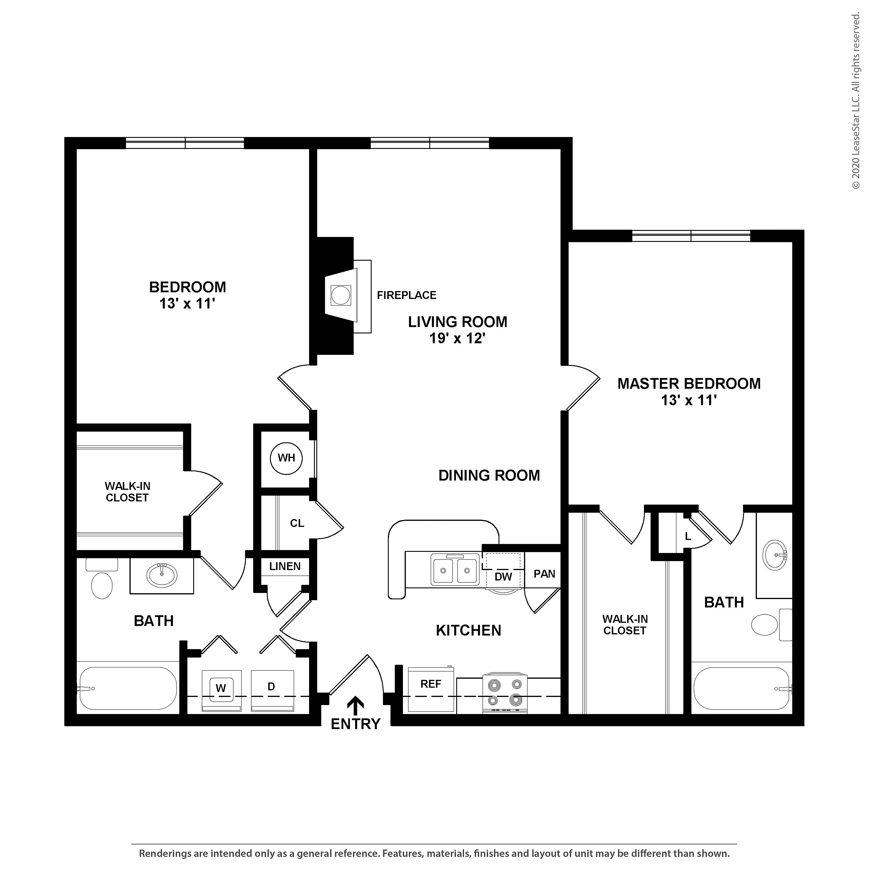 Modern floor plan with 2 bedrooms, spacious living room with fireplace, dining area, and sleek kitchen. Includes two baths and walk-in closets for a luxurious lifestyle.
