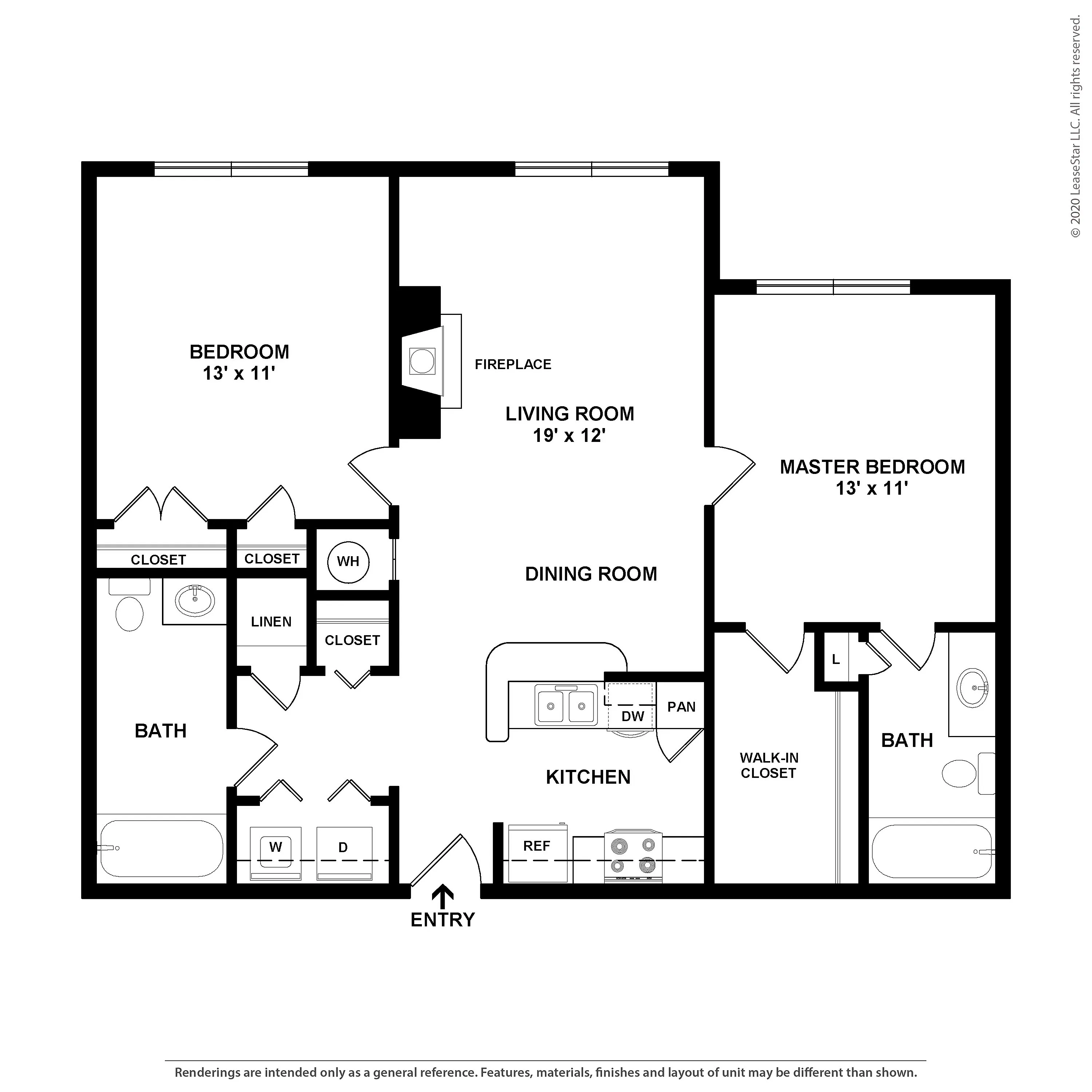 Modern floor plan showcasing an elegant apartment with 2 spacious bedrooms, including a master suite, cozy living room with fireplace, sleek kitchen with dining area, and ample closet space.
