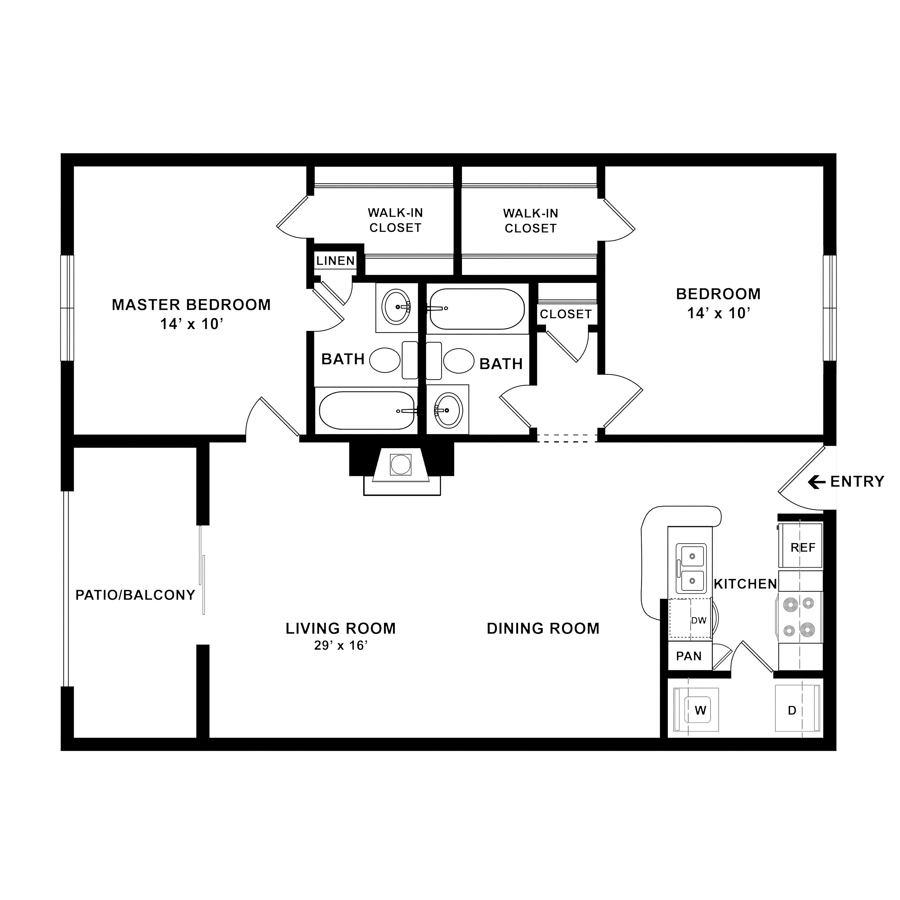 Inviting floor plan featuring a master bedroom, additional bedroom, dual baths, spacious living room, dining area, and modern kitchen with patio access.