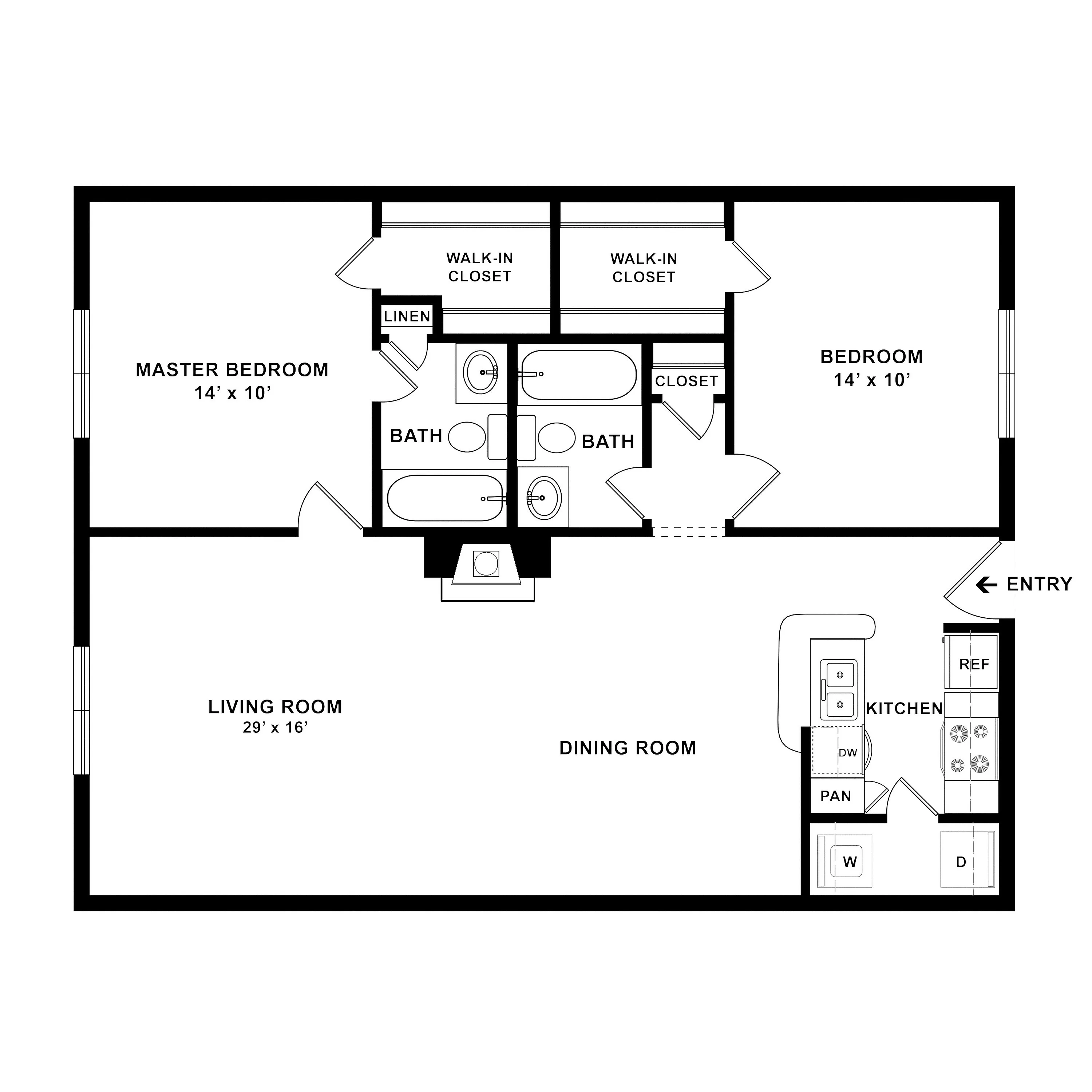 Elegant floor plan showcasing a spacious 2-bedroom, 2-bathroom setup with walk-in closets, featuring an expansive living and dining area adjacent to a modern kitchen.