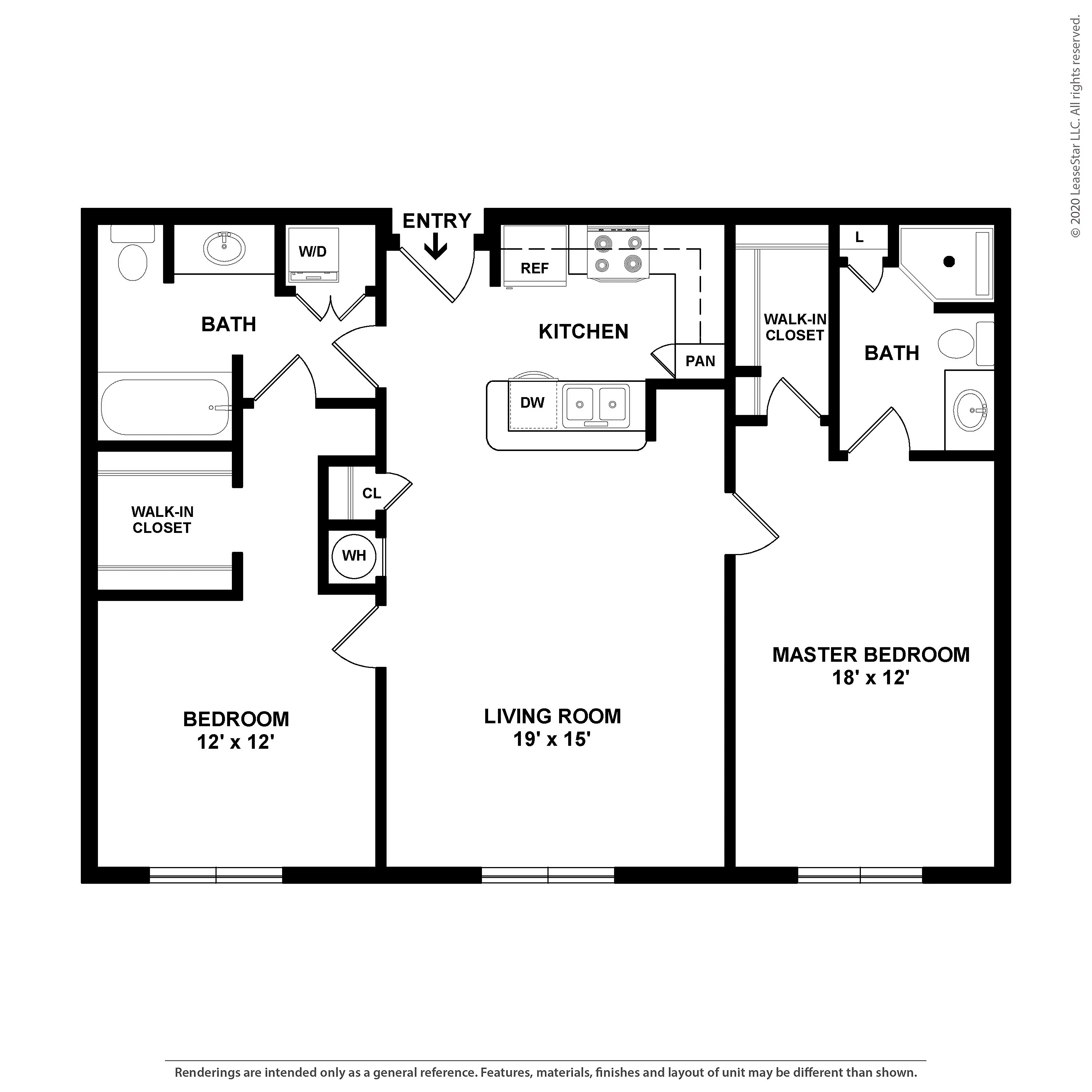Modern apartment floor plan featuring 2 bedrooms, spacious living room, and functional kitchen with pantry.