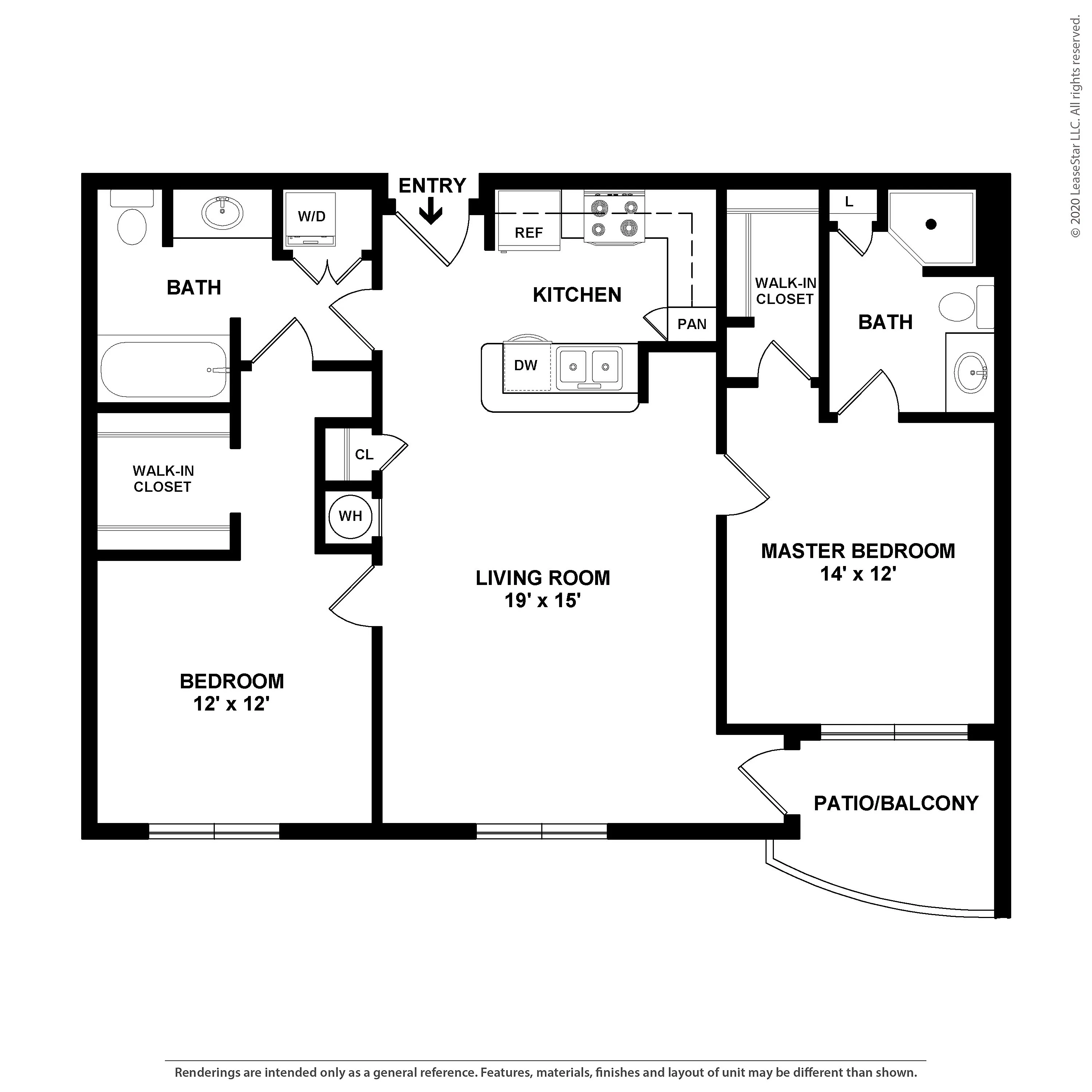 Inviting 2D floor plan featuring a spacious living room, modern kitchen, master bedroom with patio access, two baths, and roomy walk-in closets.