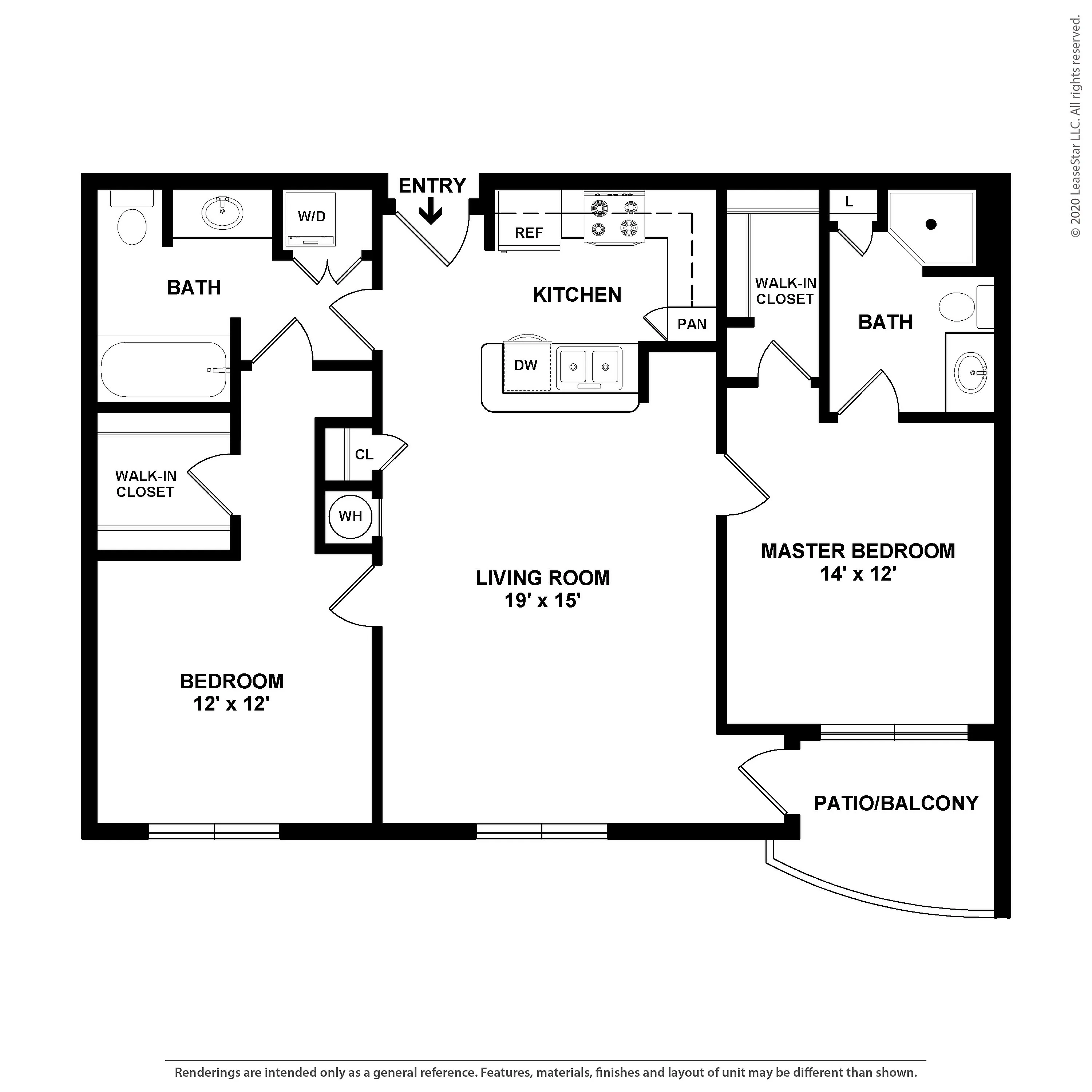 Modern floor plan with 2 bedrooms, spacious 19\' x 15\' living room, open kitchen, and private patio/balcony.