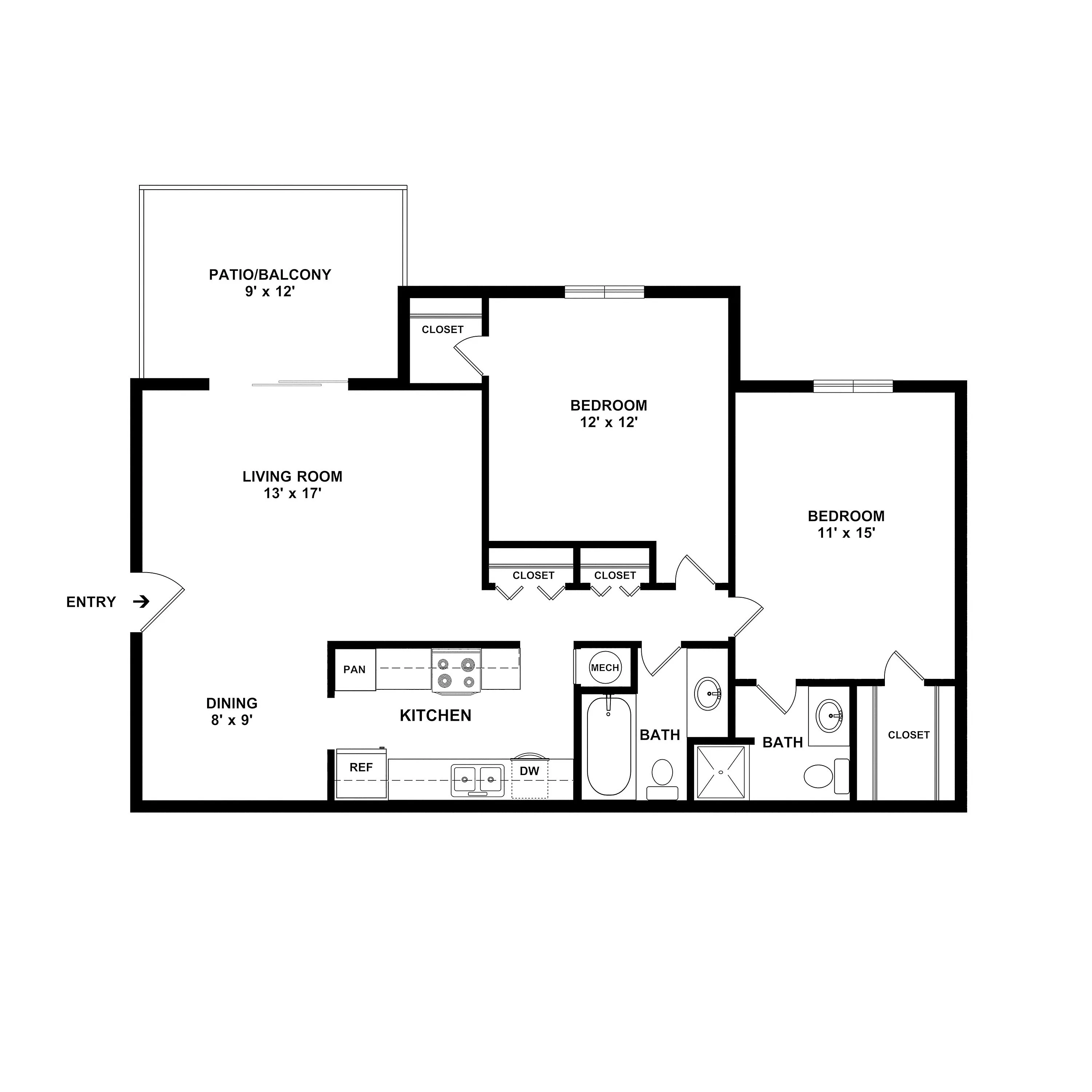 Inviting floor plan showcasing 2 spacious bedrooms, a modern kitchen, and ample living room with a private patio. Ideal for comfort and style.