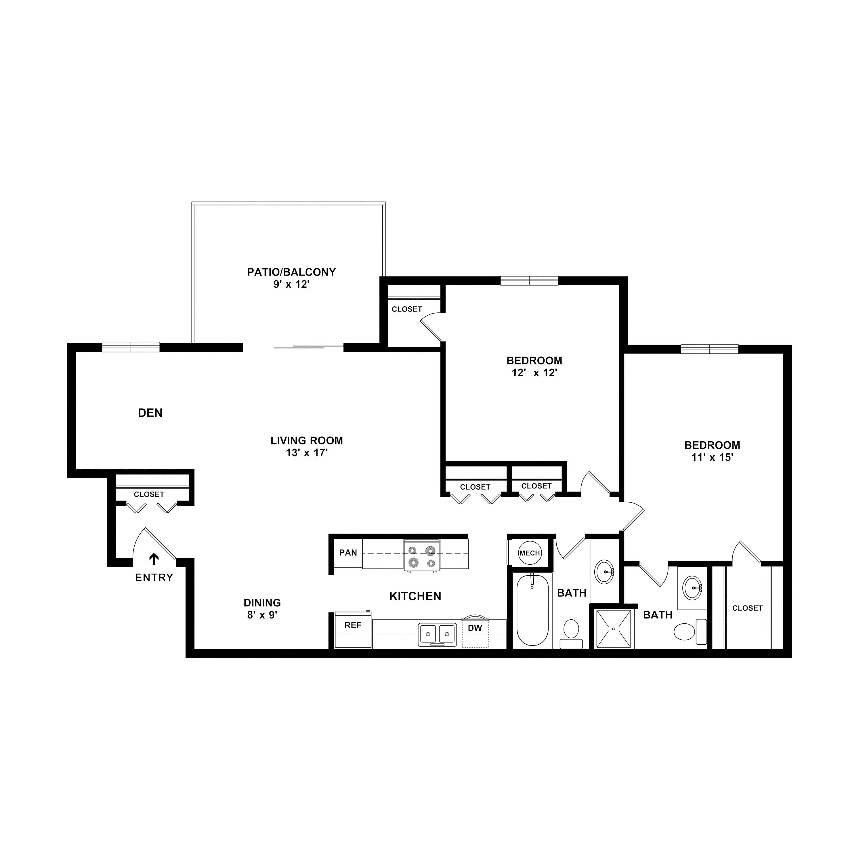 Modern floor plan featuring 2 bedrooms, a spacious living room, cozy den, kitchen with dining area, and a patio balcony.