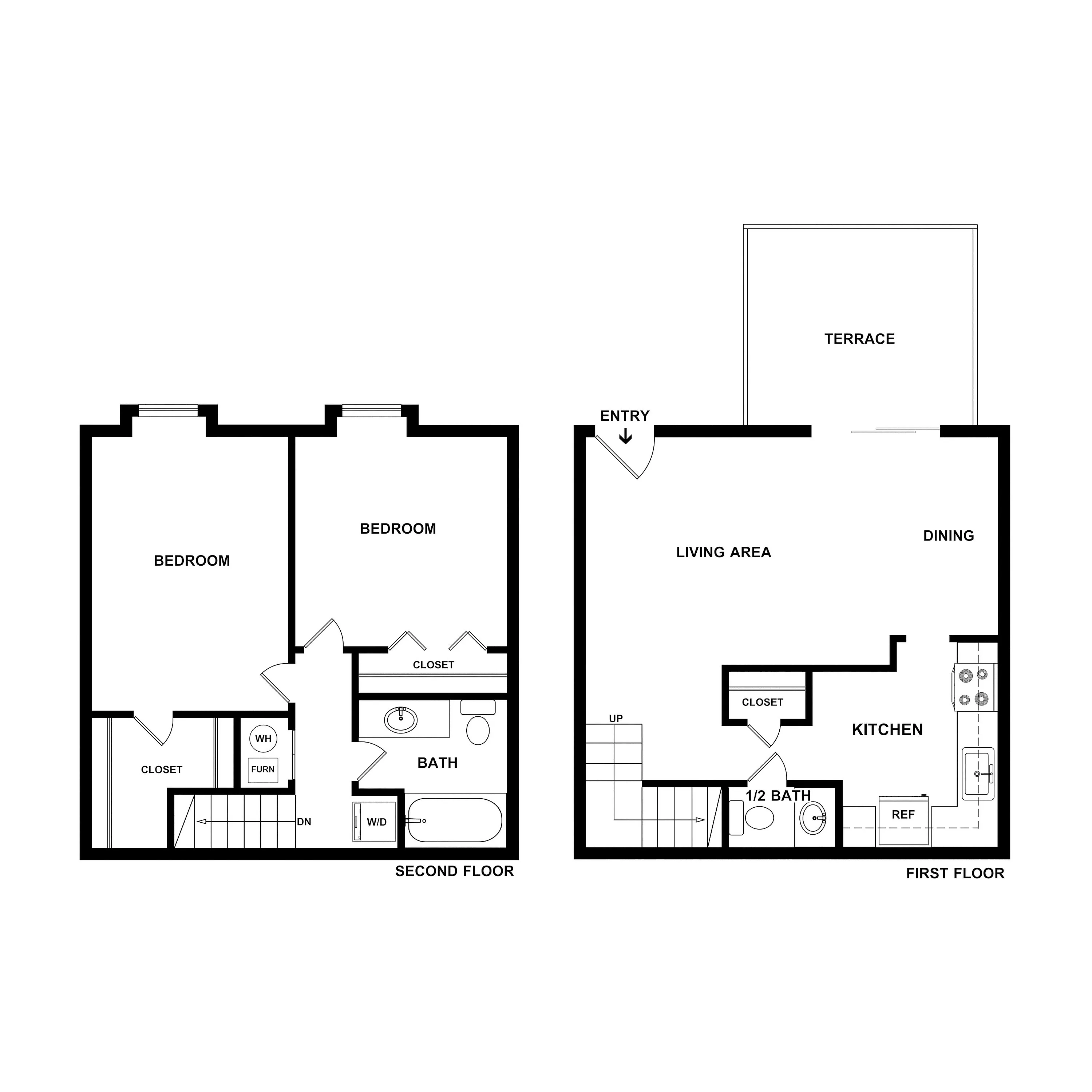 Modern two-level floor plan with spacious living area, dining, and kitchen on the first floor, and two cozy bedrooms with a full bath on the second floor. Includes a terrace and convenient closets throughout.