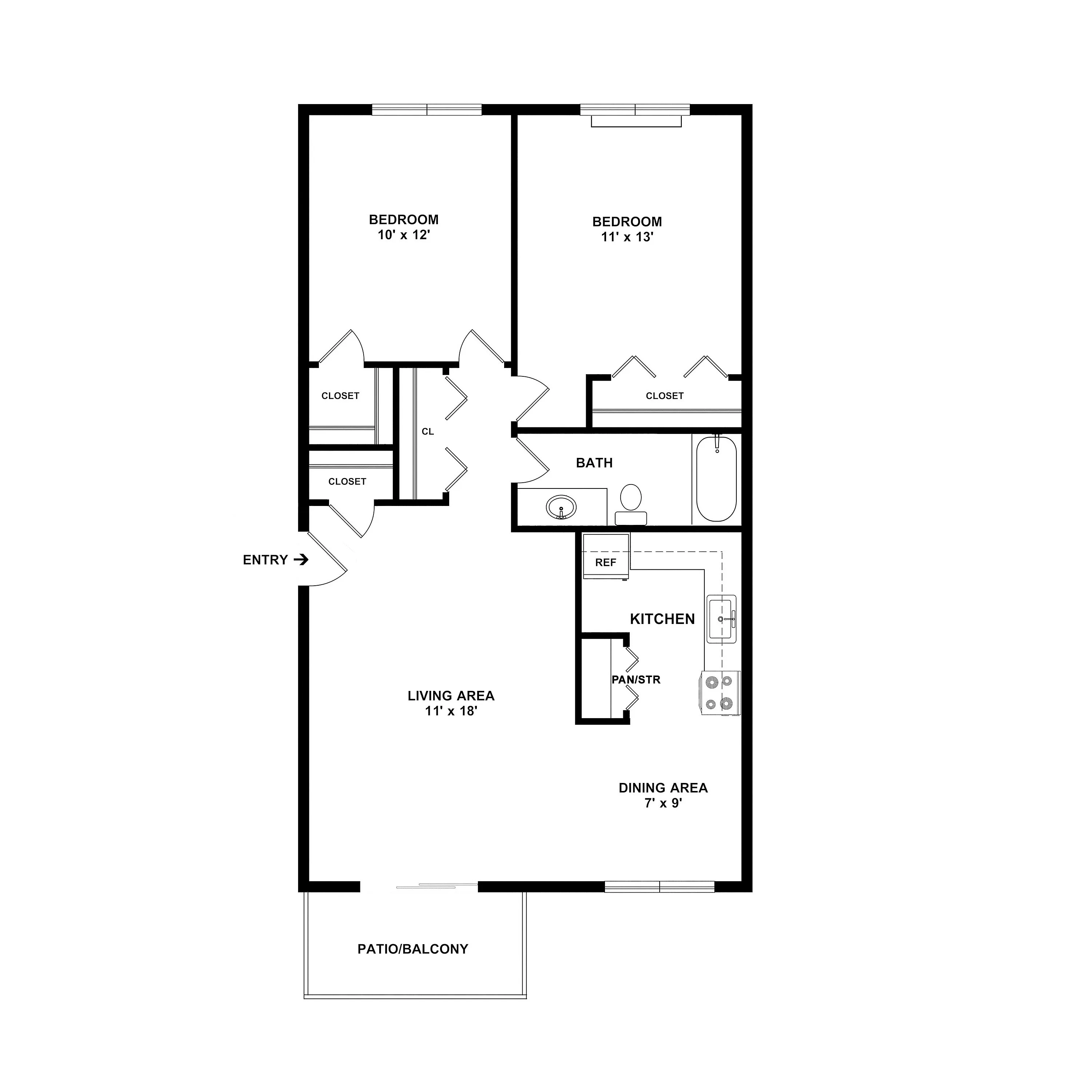 Elegant 2-bedroom floor plan featuring a spacious living area, modern kitchen, and inviting patio balcony.