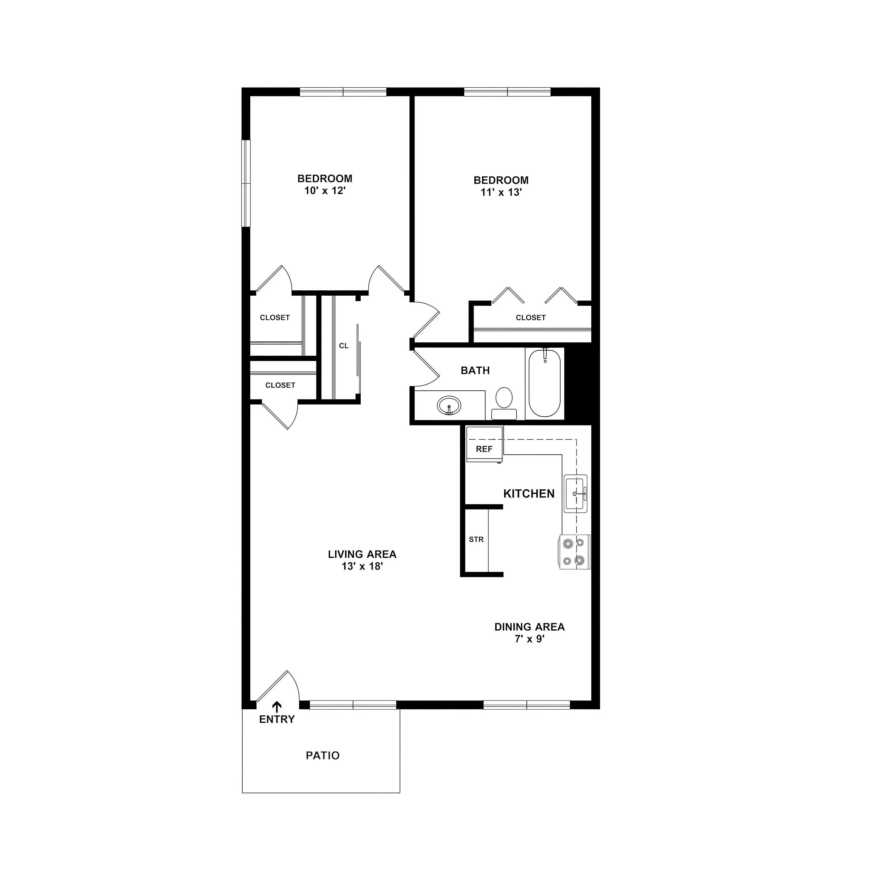 Charming floor plan with 2 cozy bedrooms, inviting living area, modern kitchen, dining space, bath, and a welcoming patio.