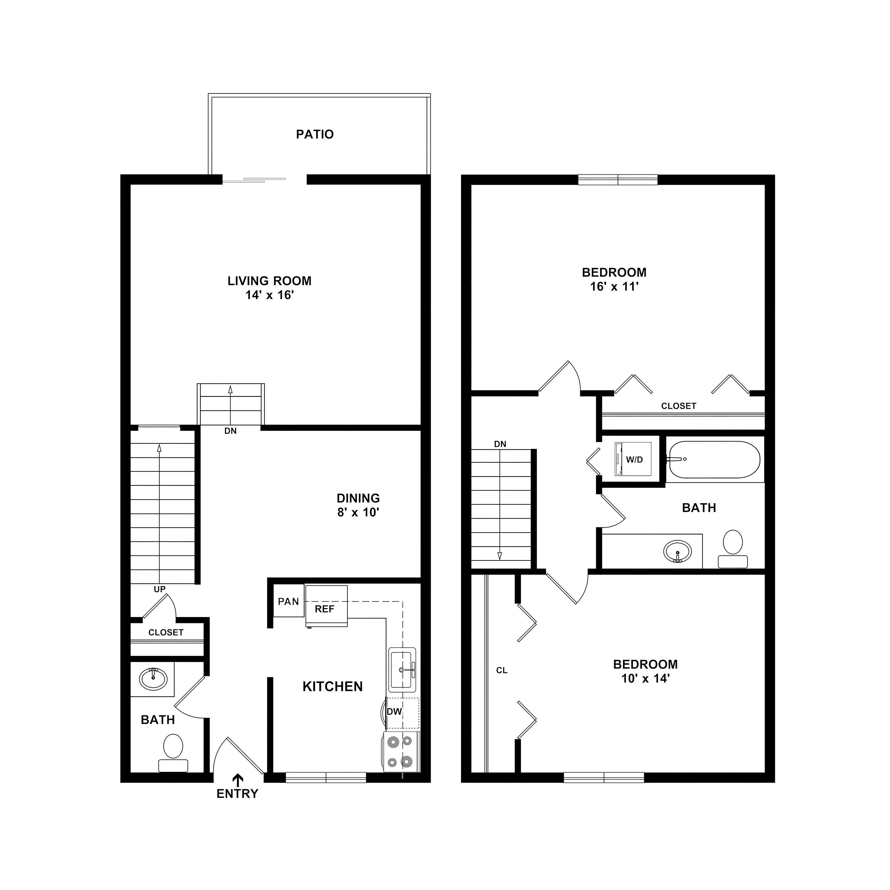 Modern two-story floor plan showcasing two bedrooms, a spacious living room leading to a patio, efficient kitchen, dining area, and two bathrooms.
