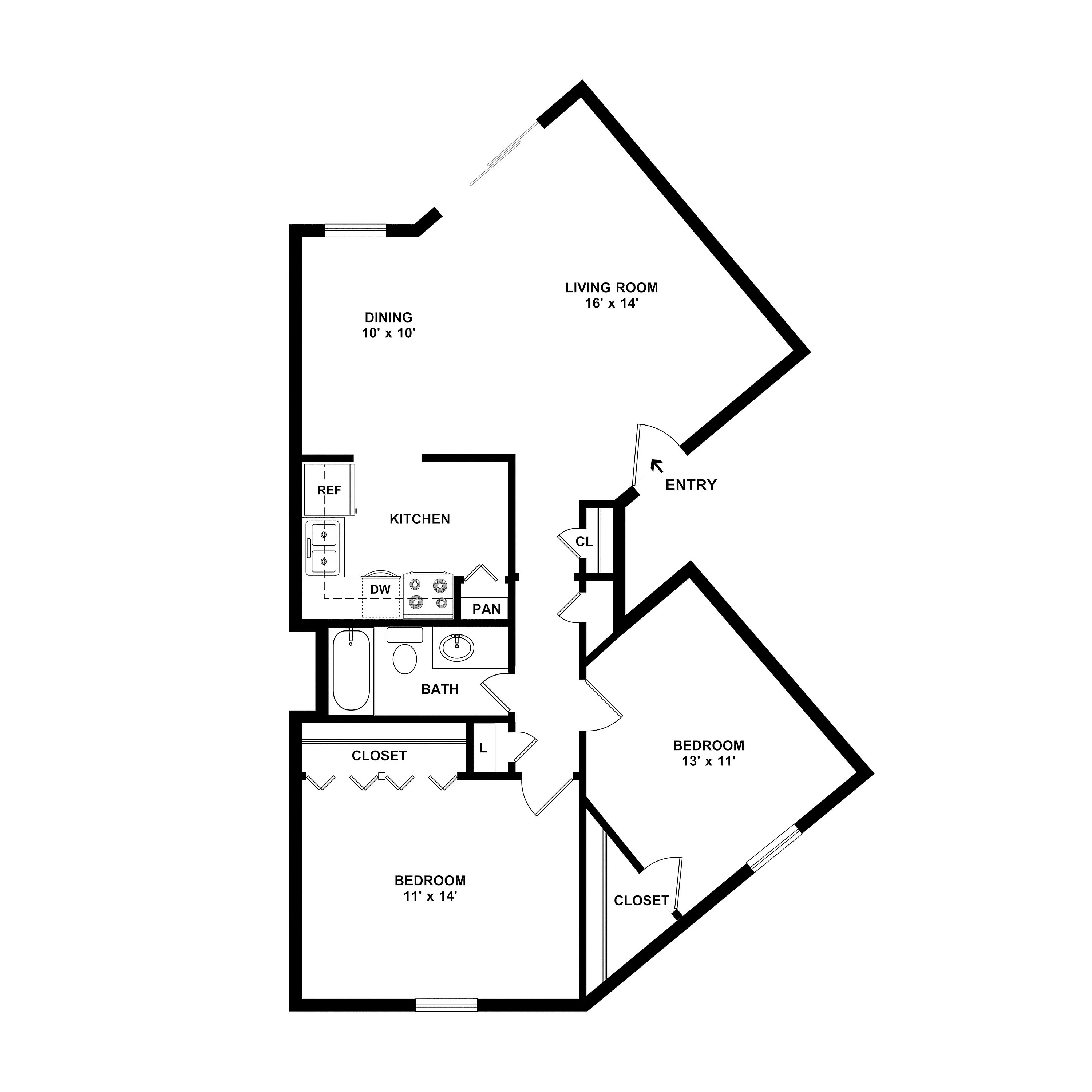 Modern floor plan featuring 2 spacious bedrooms, a bright living room, well-equipped kitchen, and cozy dining area.