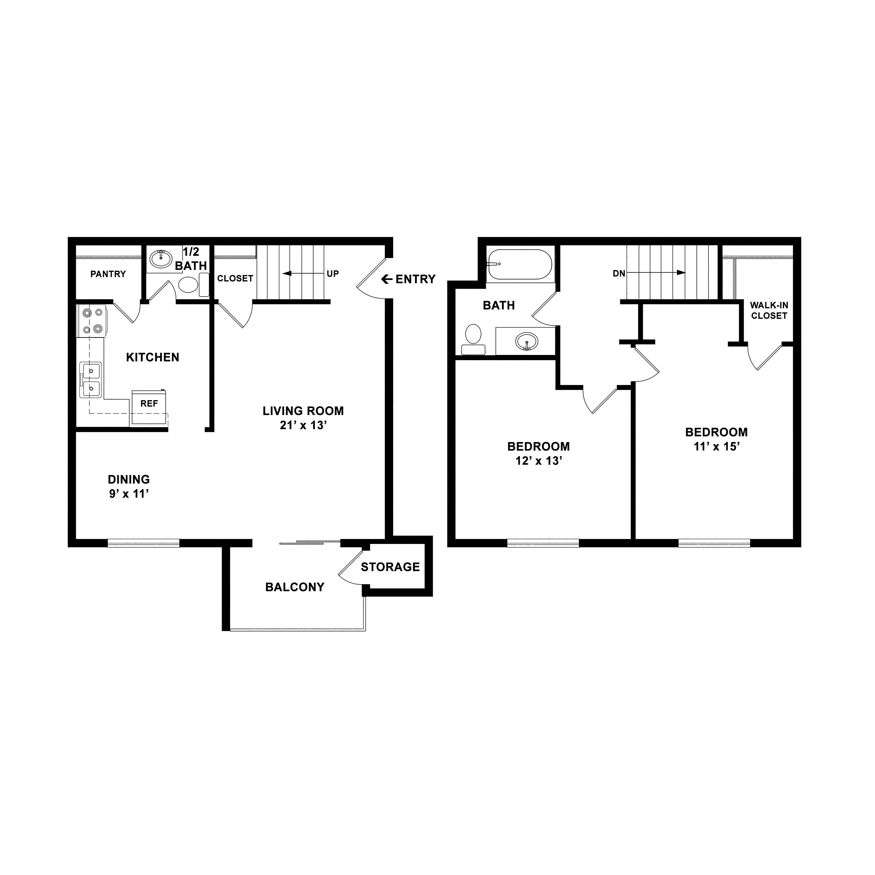 Modern two-story floor plan showcasing 2 spacious bedrooms, an open living room with balcony, dining area, and a well-equipped kitchen.