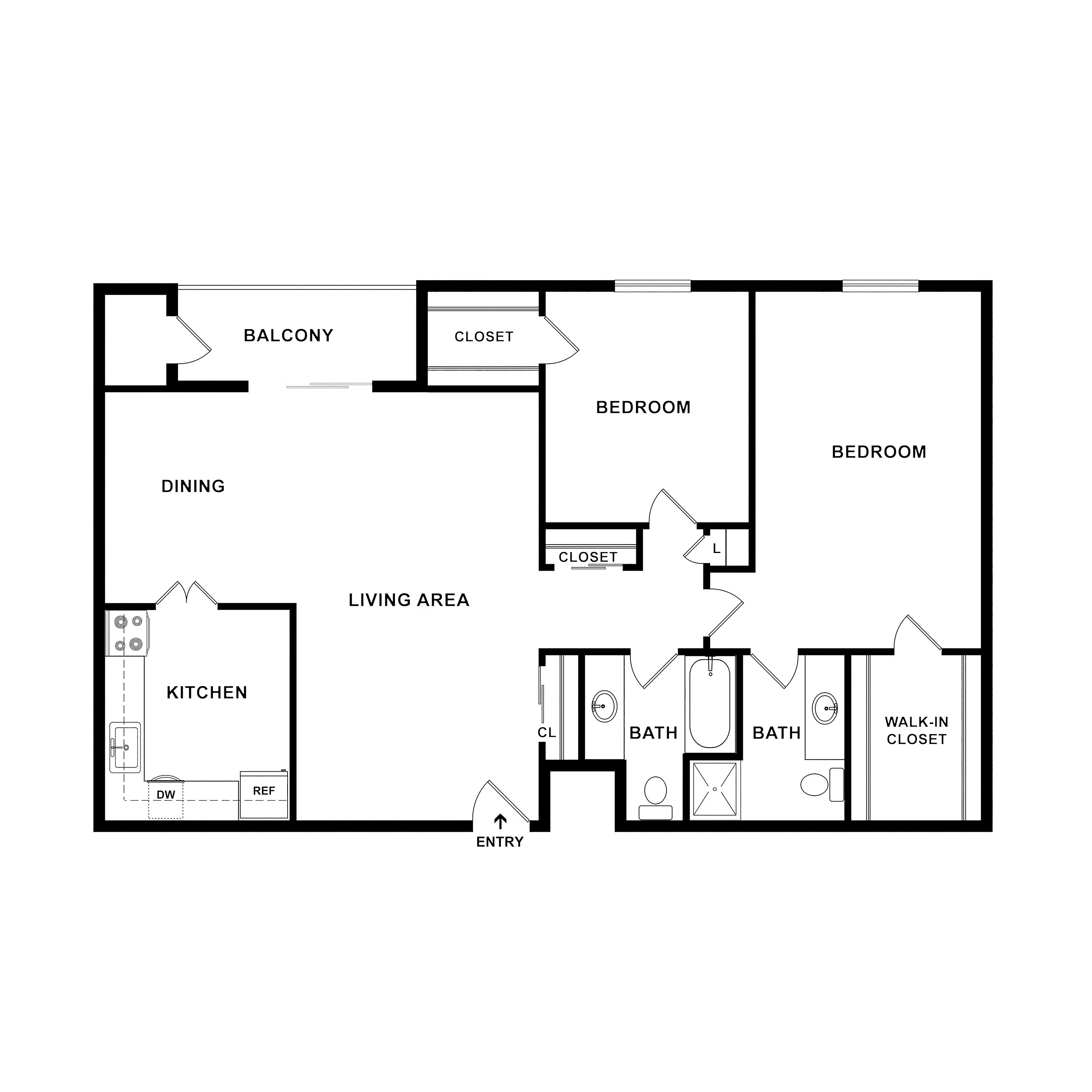 Modern floor plan featuring 2 bedrooms, spacious living area, kitchen, dining space, and balcony with two bathrooms and a walk-in closet.