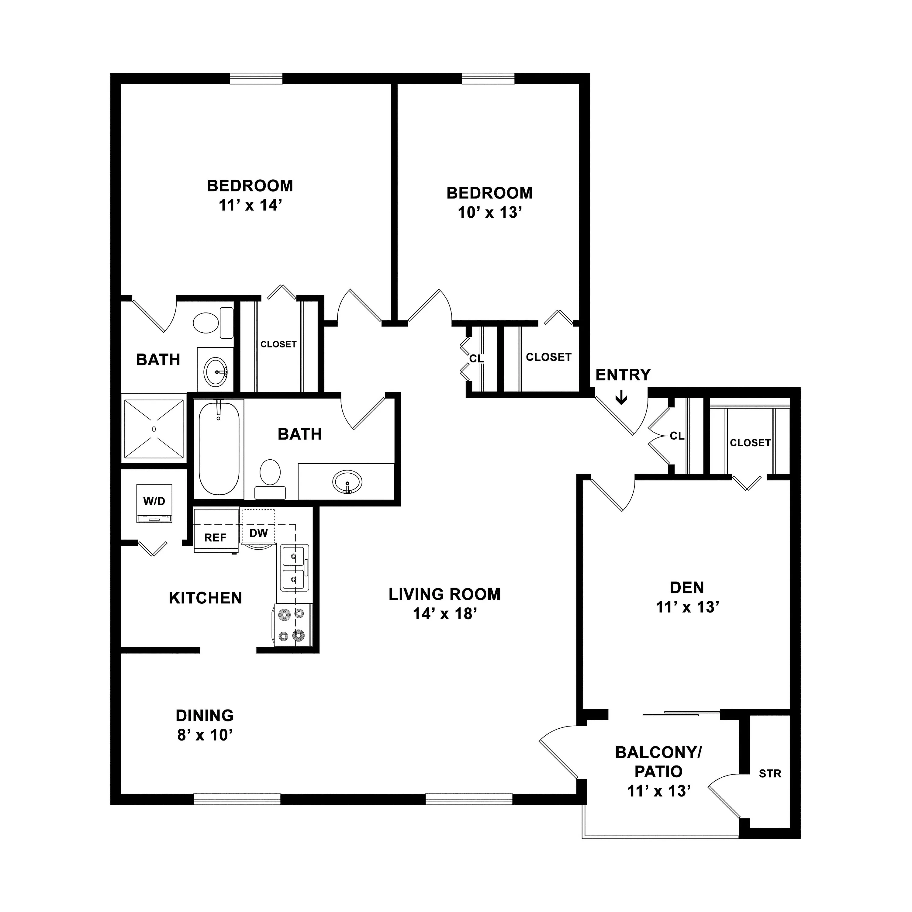 Elegant floor plan showcasing 2 bedrooms, a cozy den, spacious living room, and a kitchen with dining area. Includes a balcony/patio and convenient storage.