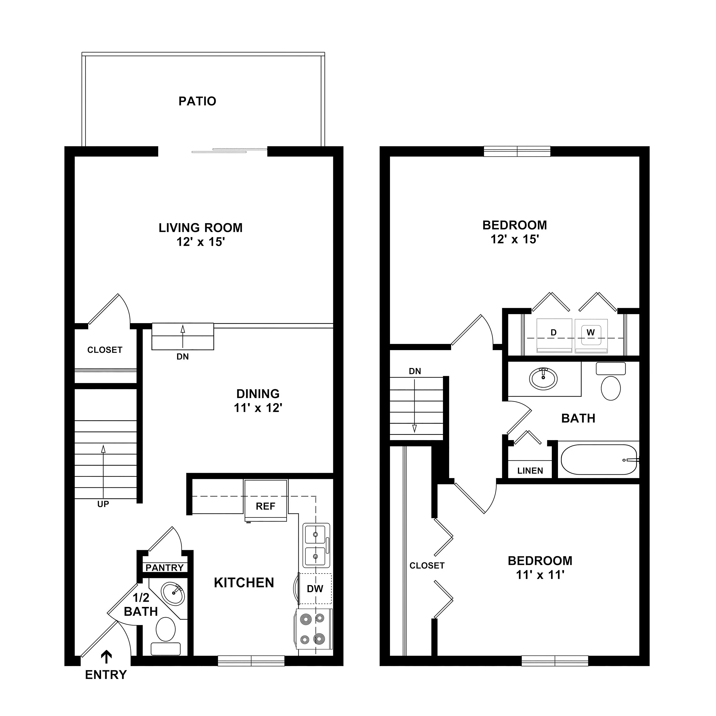 Charming two-story floor plan featuring two spacious bedrooms, an inviting living room leading to a patio, and a functional kitchen with dining area. Includes full and half baths, ample closet space, and convenient upstairs laundry.