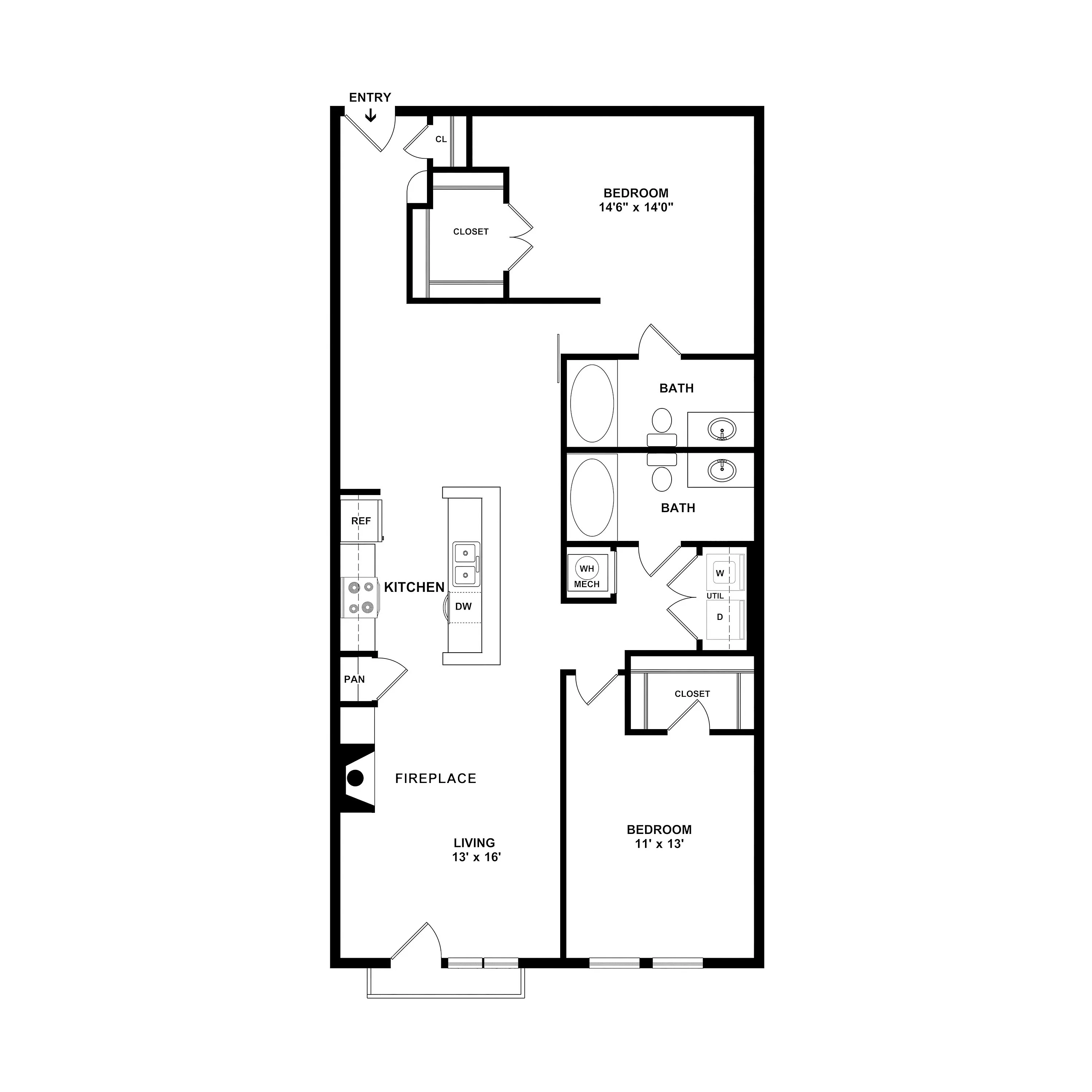 Modern floor plan design with two spacious bedrooms, open kitchen with island, cozy living room with fireplace, and dual bathrooms.