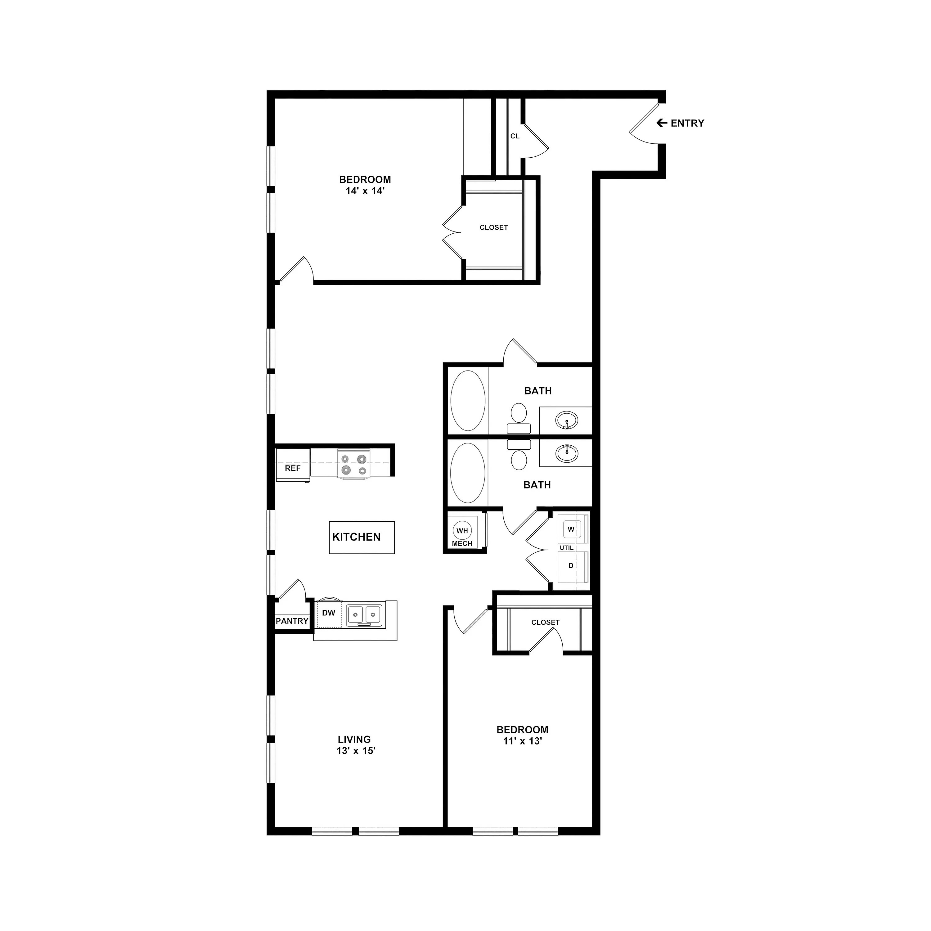 Modern 2D floor plan showcasing two spacious bedrooms, two baths, an open kitchen, and a cozy living area.