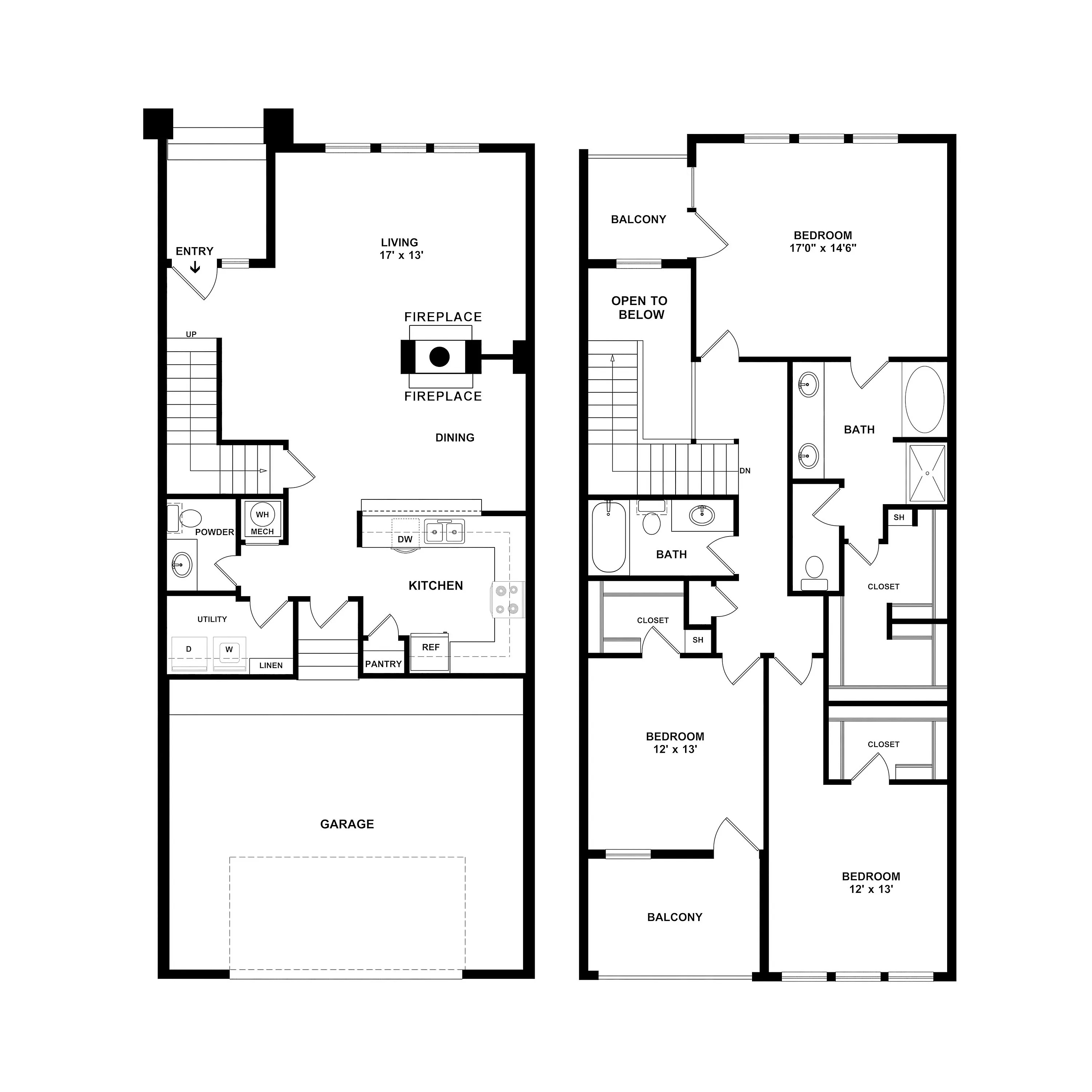 Elegant 2-story floor plan showcasing 3 spacious bedrooms, open living area with dual fireplaces, modern kitchen, and private balconies.