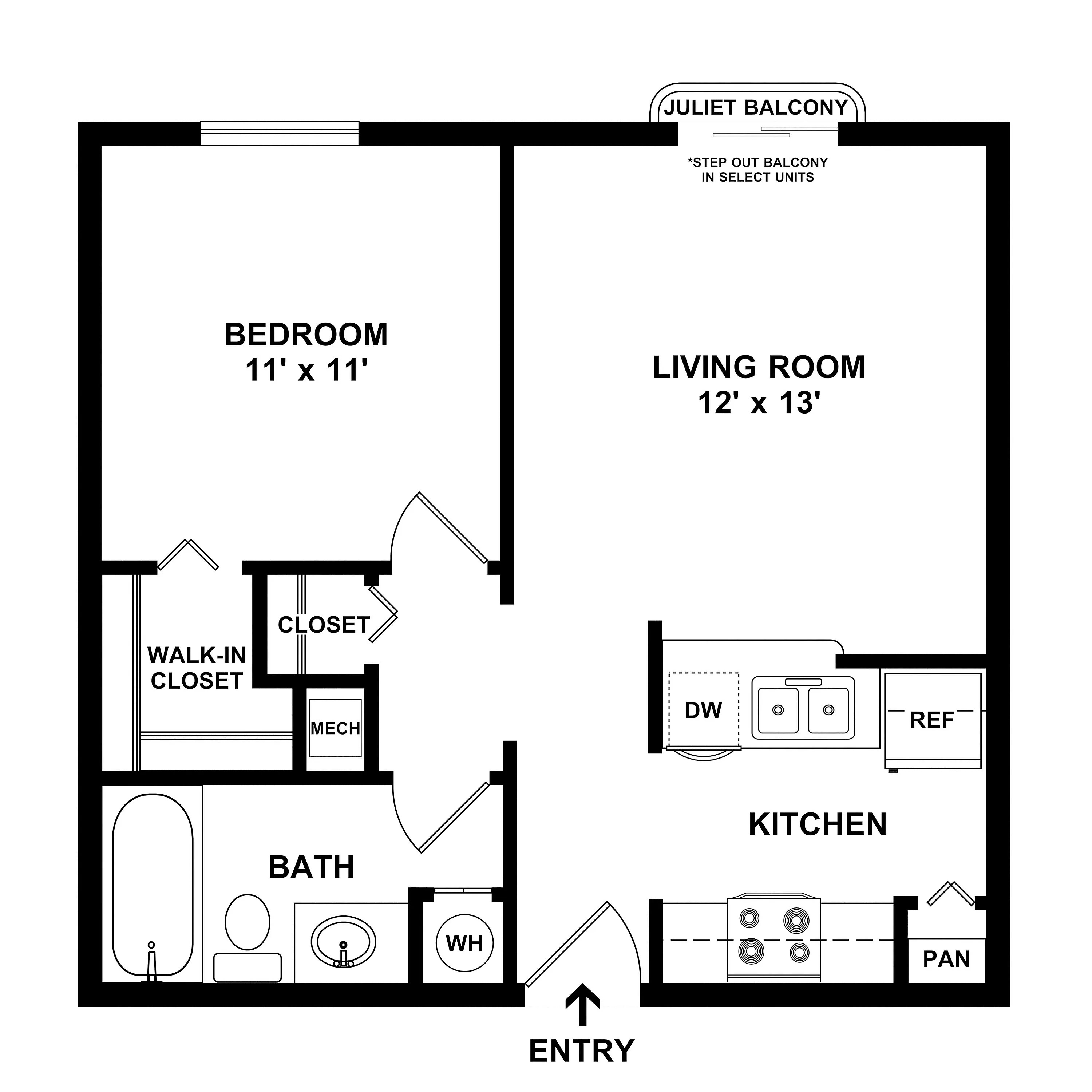 Charming 1-bedroom floor plan with spacious living room, Juliet balcony, and modern kitchen.