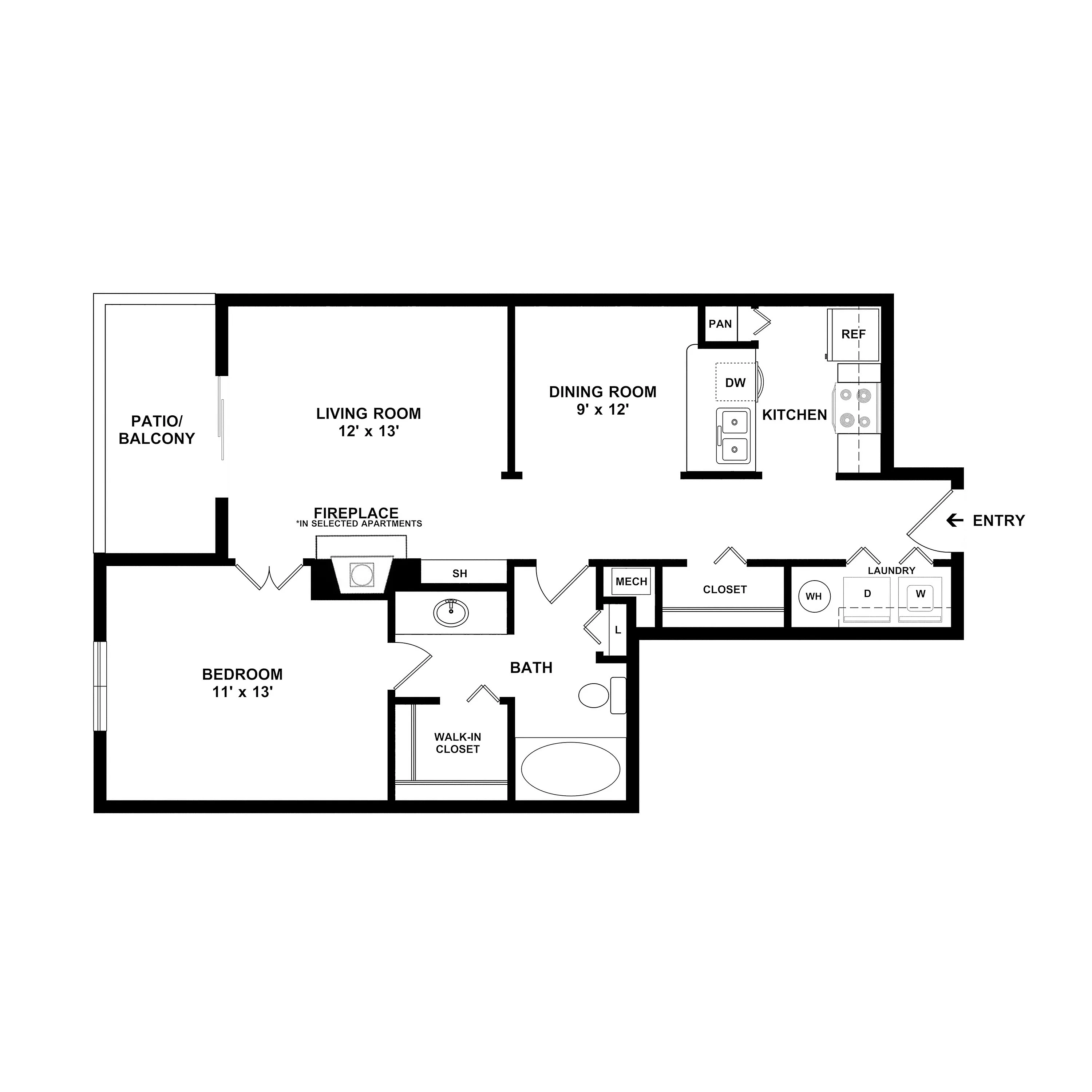 Inviting 2D floor plan with a spacious bedroom, open-concept living room with fireplace, dining room, and modern kitchen next to a convenient laundry area.