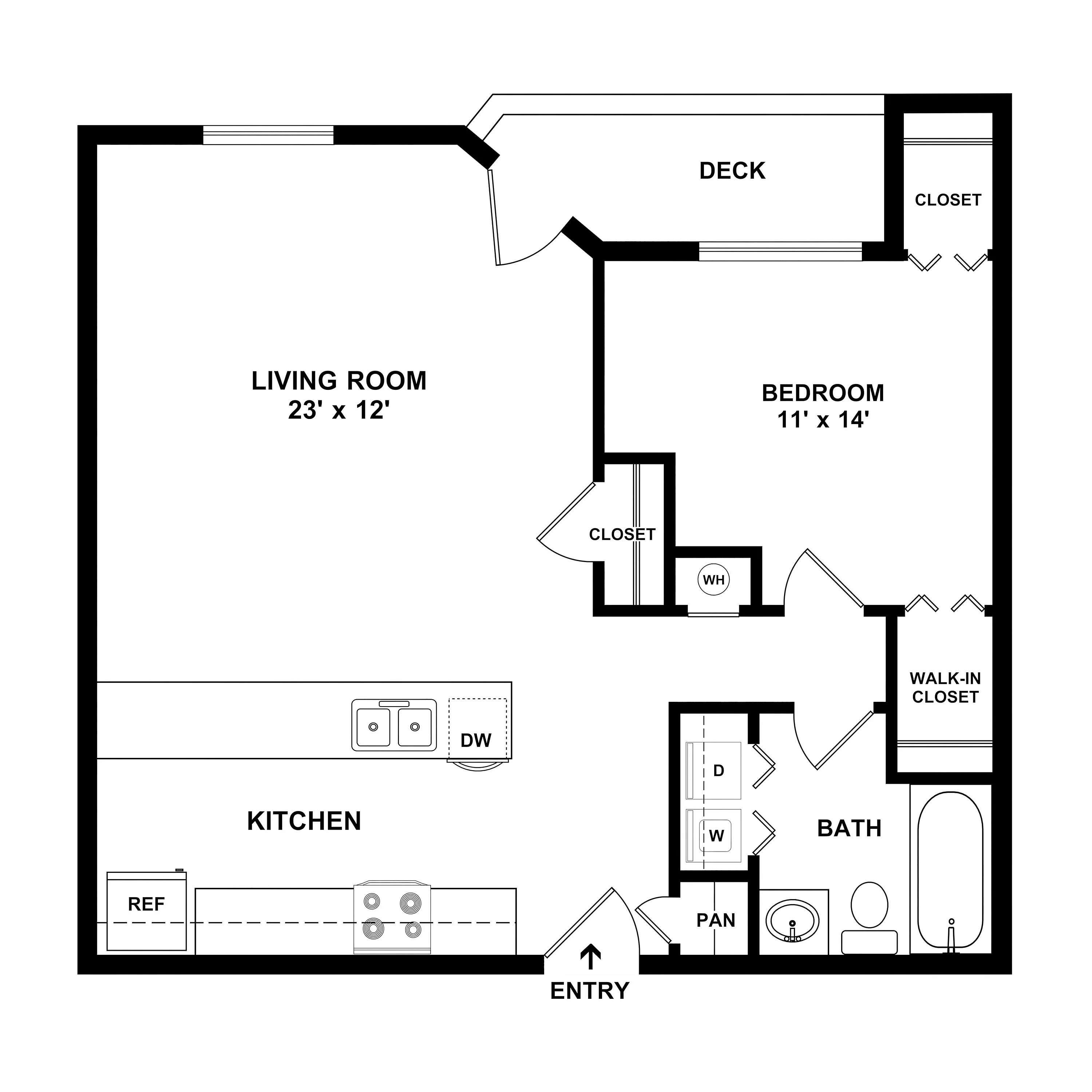 Modern floor plan featuring a spacious living room with deck access, elegant kitchen with appliances, cozy bedroom, ample storage closets, and a luxurious bathroom with walk-in closet.