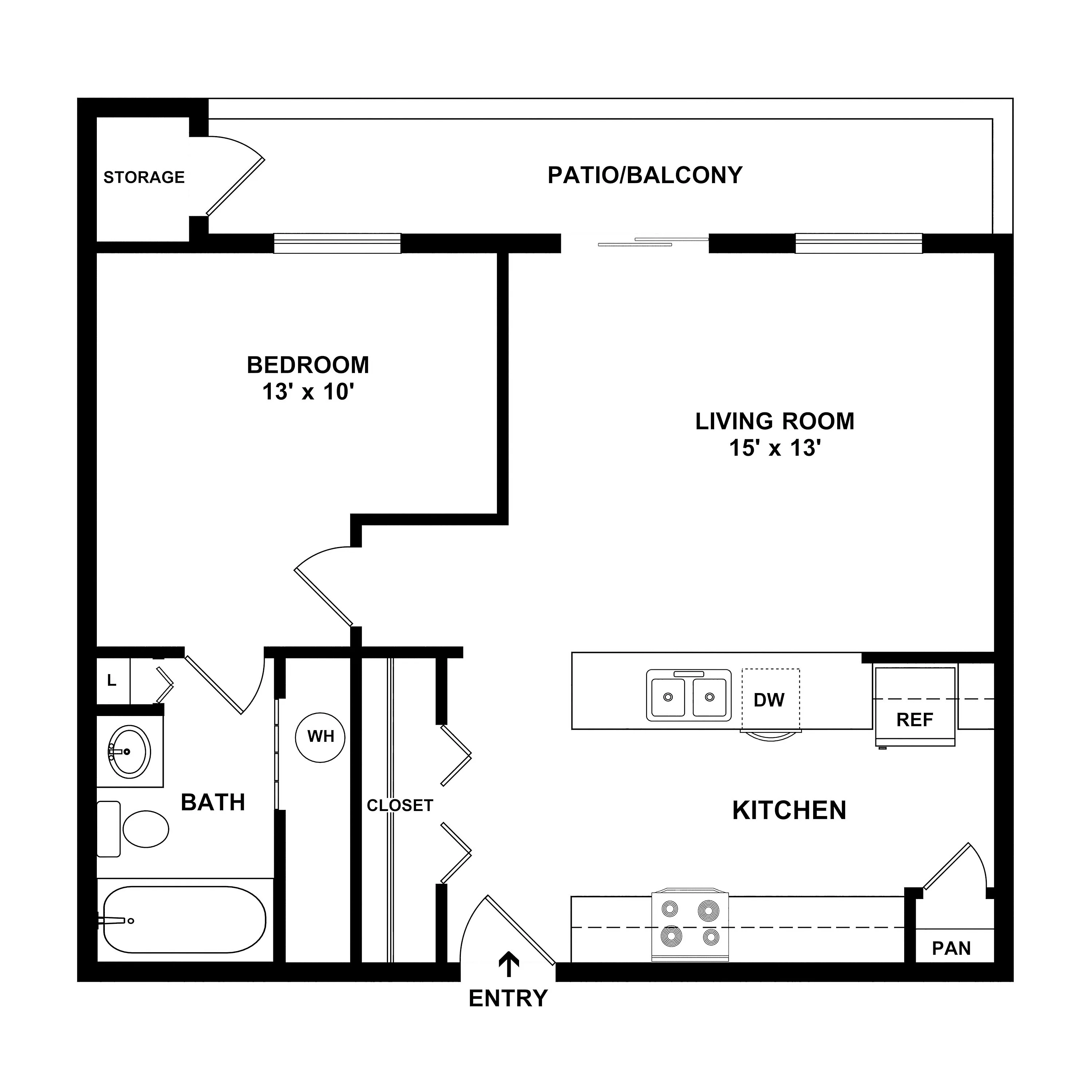 Inviting floor plan showcasing a cozy 1-bedroom apartment with a spacious living room, modern kitchen, and private patio/balcony.