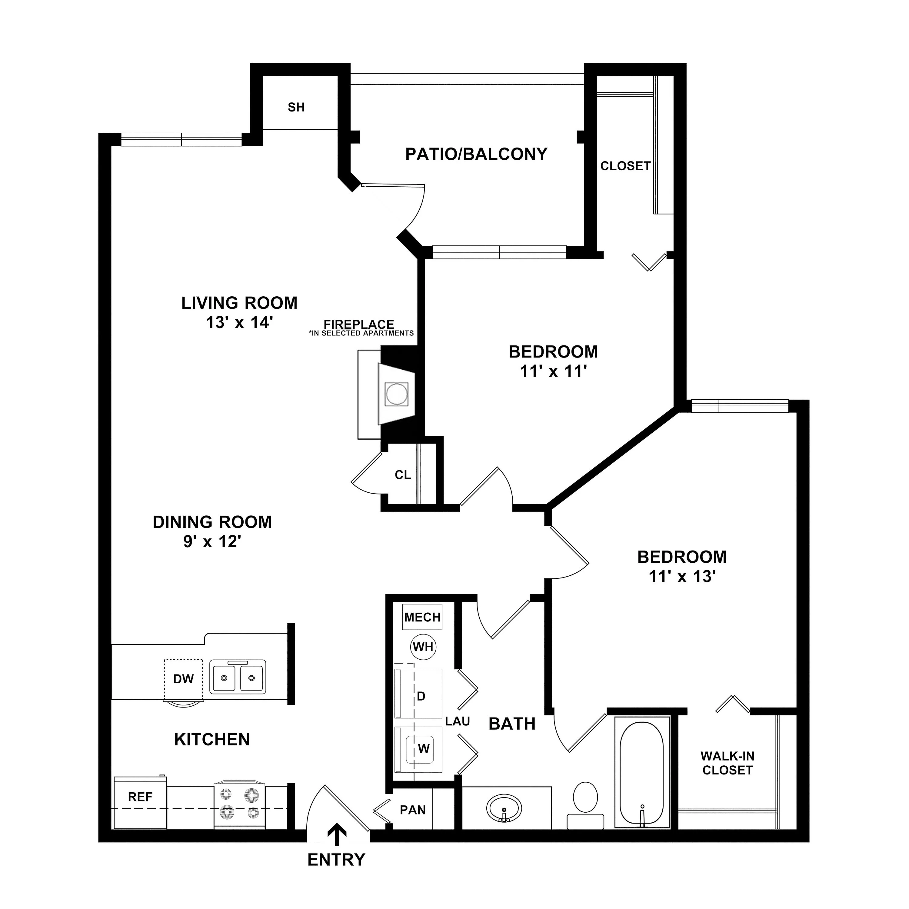 Modern apartment floor plan featuring 2 bedrooms, a spacious living room with fireplace, dining area, and a well-equipped kitchen. Includes patio access and ample closet space for convenient living.
