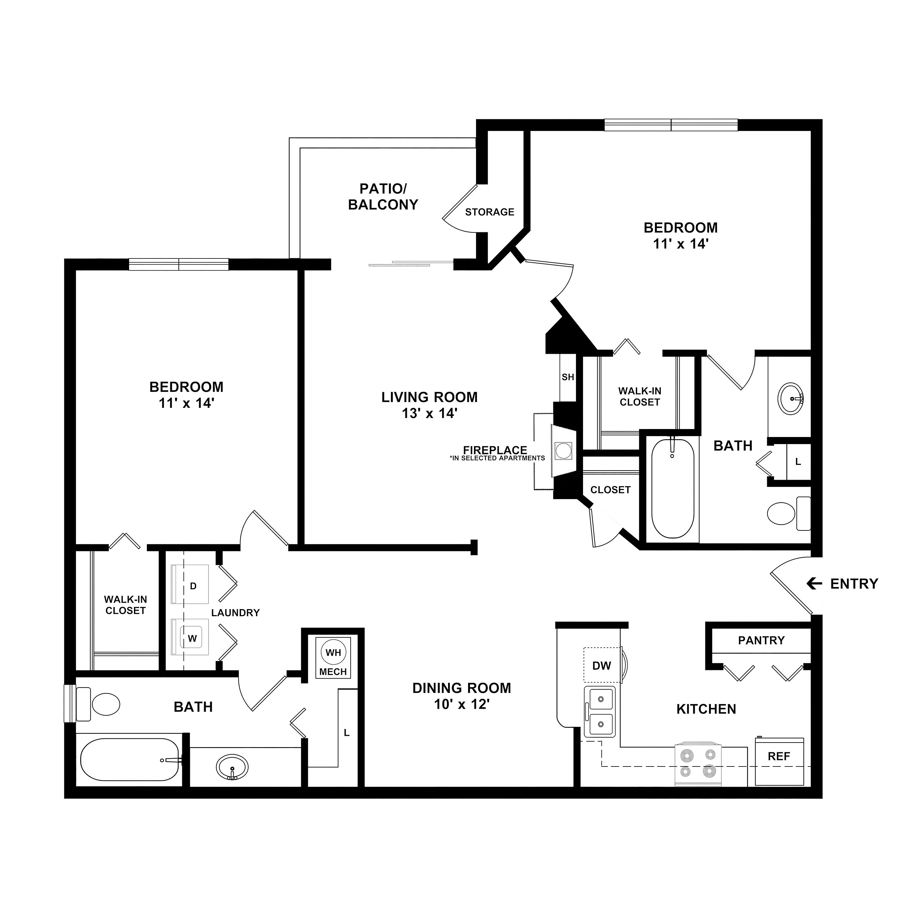 Modern 2D floor plan with 2 spacious bedrooms, elegant living room, and cozy dining area, complete with a well-equipped kitchen and convenient laundry space.