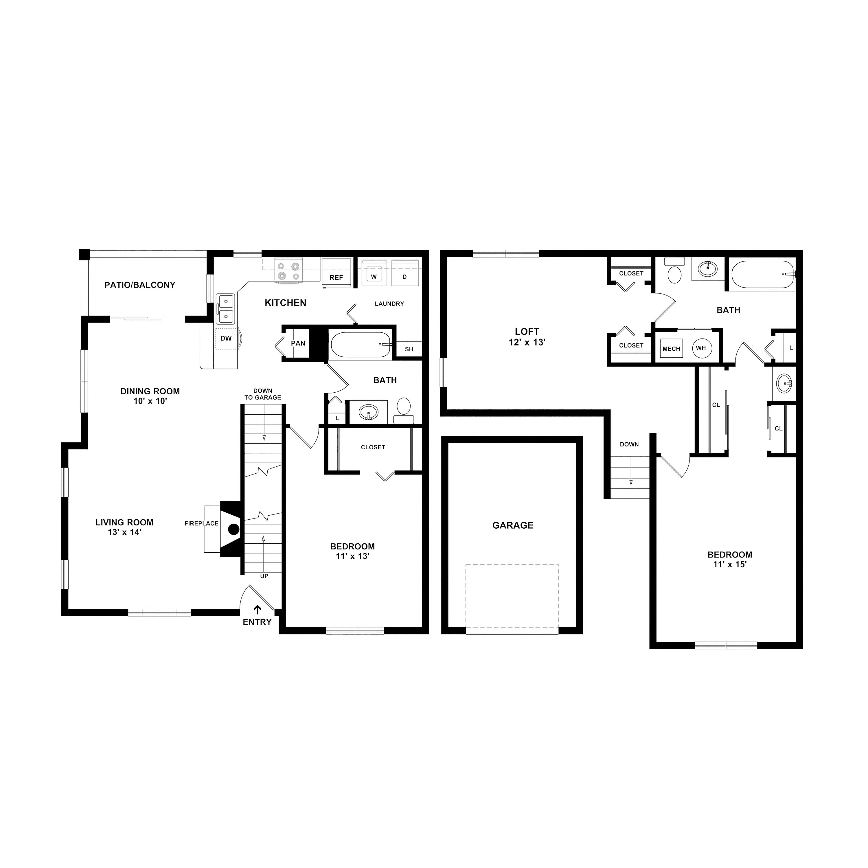 Contemporary two-story floor plan showcasing 2 bedrooms, spacious loft, open living and dining areas, modern kitchen, and attached garage.