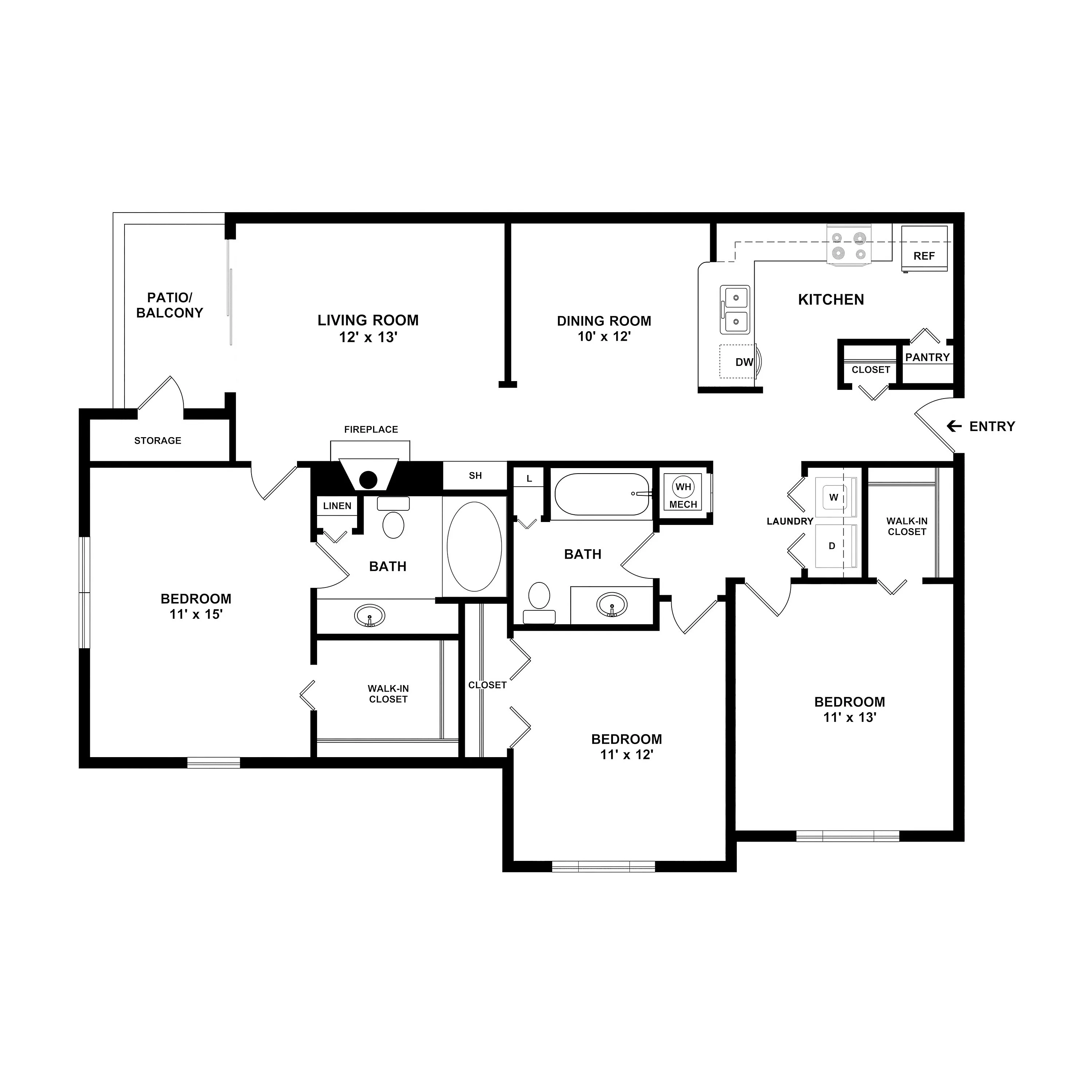 Elegant 3-bedroom apartment floor plan featuring a spacious living room with a fireplace, modern kitchen, dining area, and expansive patio. Includes convenient laundry space and abundant storage with walk-in closets.