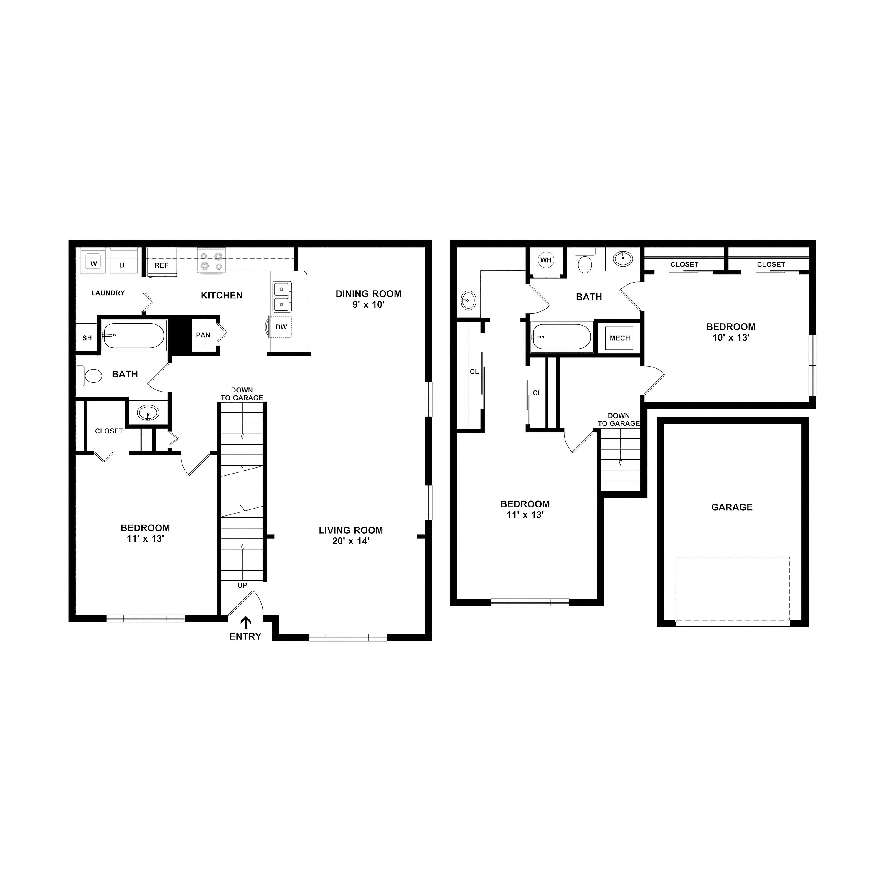 Modern two-story floor plan featuring three spacious bedrooms, an open-concept living area, and a sleek kitchen with dining space; includes garage access and convenient laundry area.